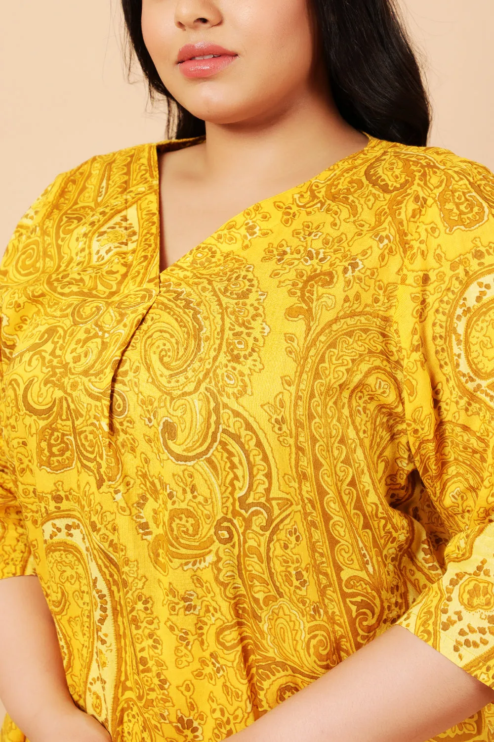 Plus Size Yellow Paisely Print Cotton Kurta