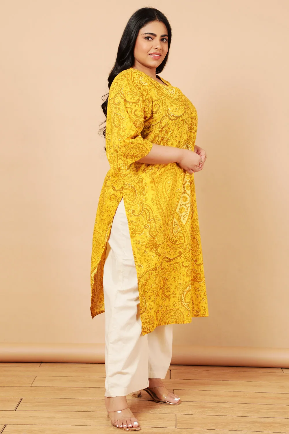 Plus Size Yellow Paisely Print Cotton Kurta