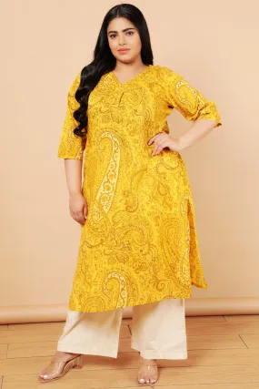 Plus Size Yellow Paisely Print Cotton Kurta