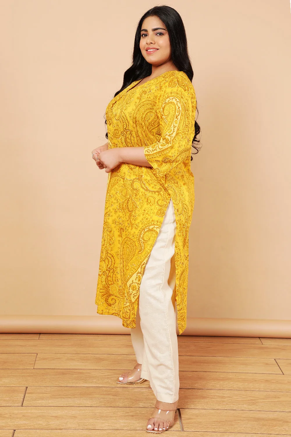 Plus Size Yellow Paisely Print Cotton Kurta