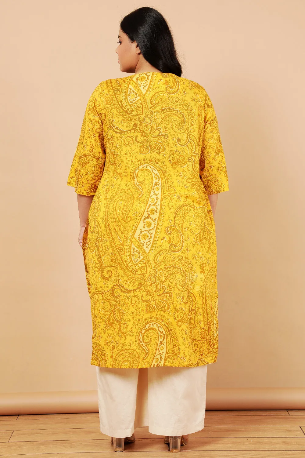 Plus Size Yellow Paisely Print Cotton Kurta