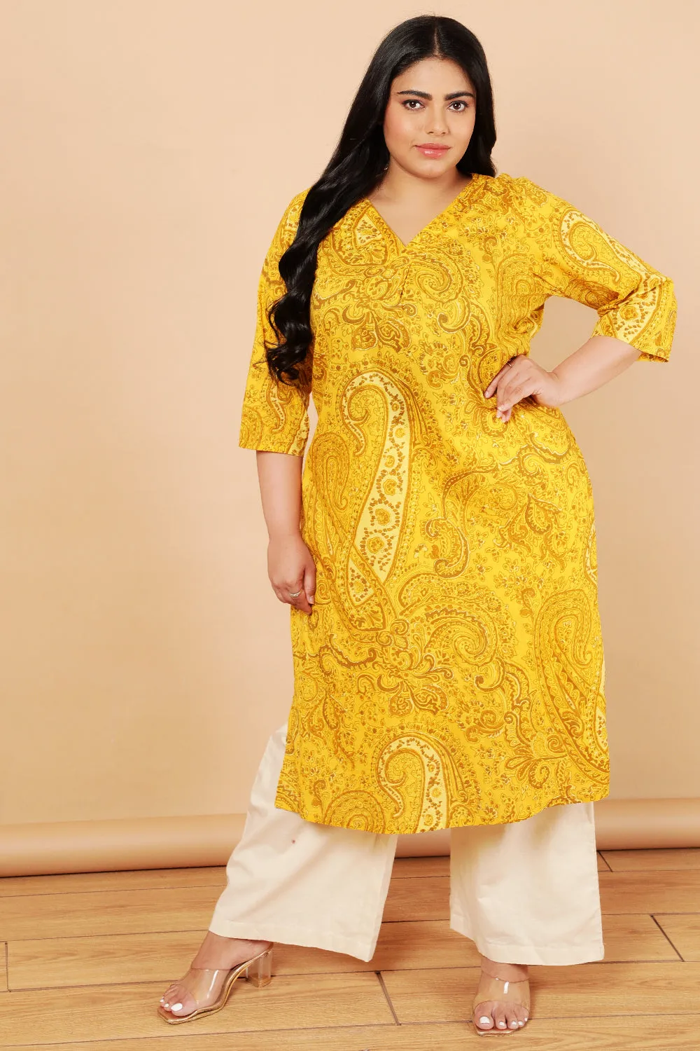 Plus Size Yellow Paisely Print Cotton Kurta