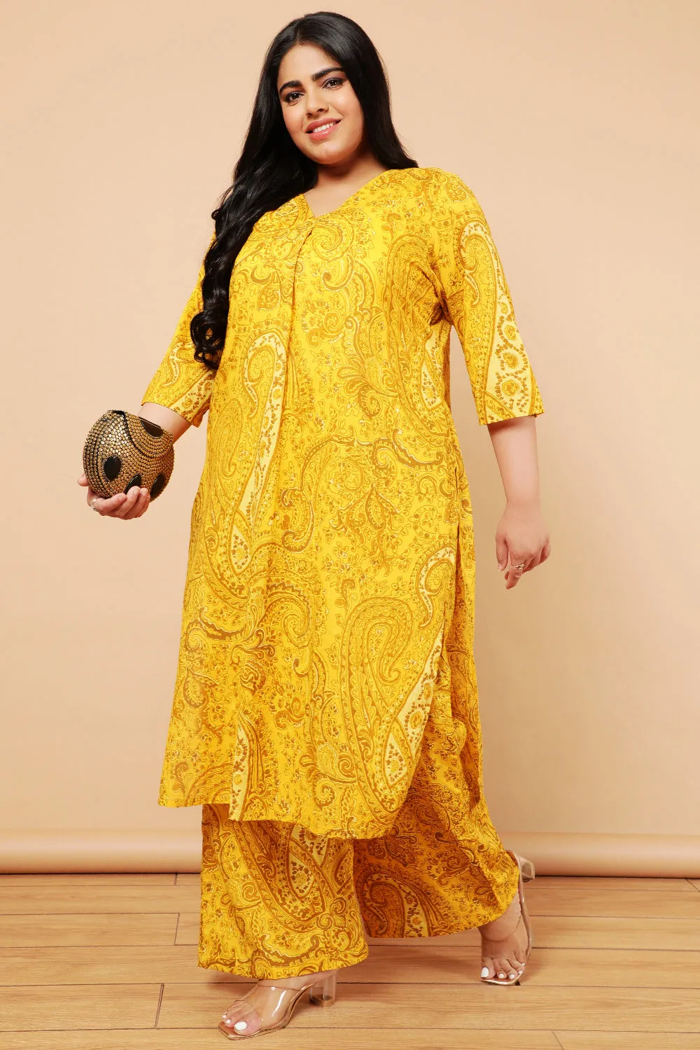 Plus Size Yellow Paisely Print Cotton Kurta