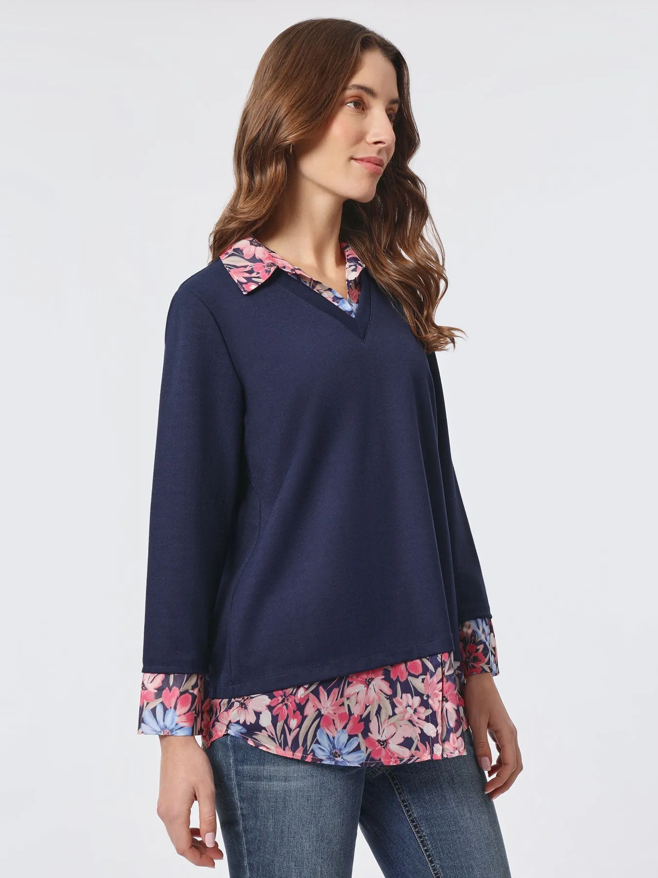 Printed V-Neck Knit Combo Top