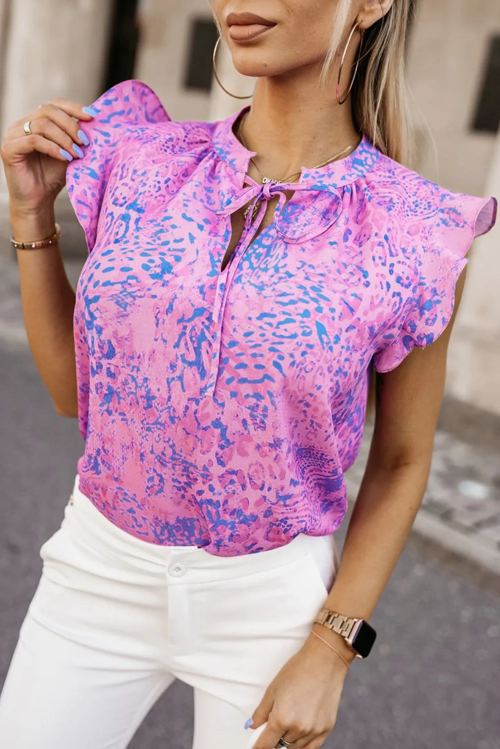 Purple Lace up Ruffle Leopard Print Top