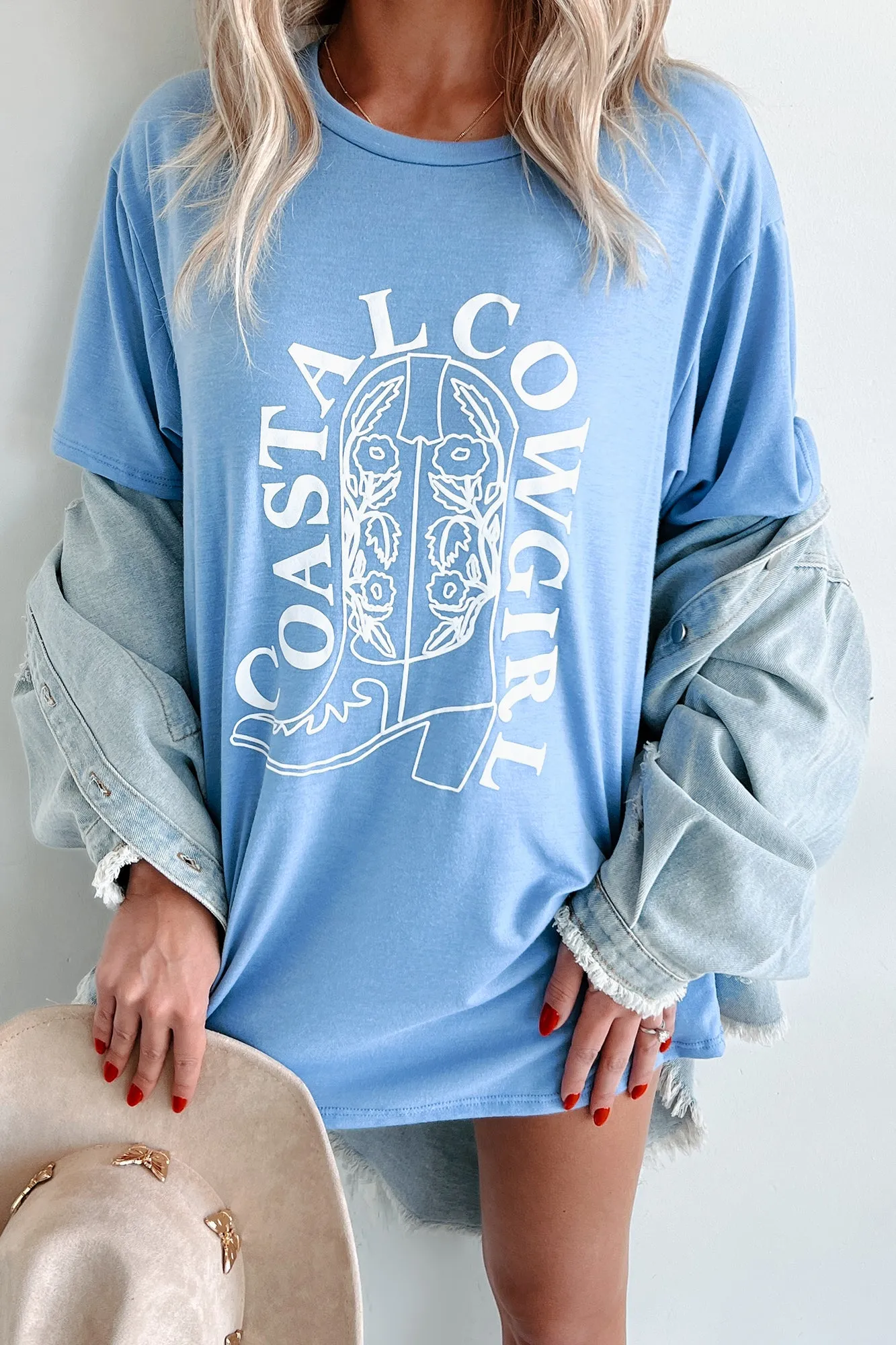 "Coastal Cowgirl" Graphic T-Shirt Dress (Light Blue)