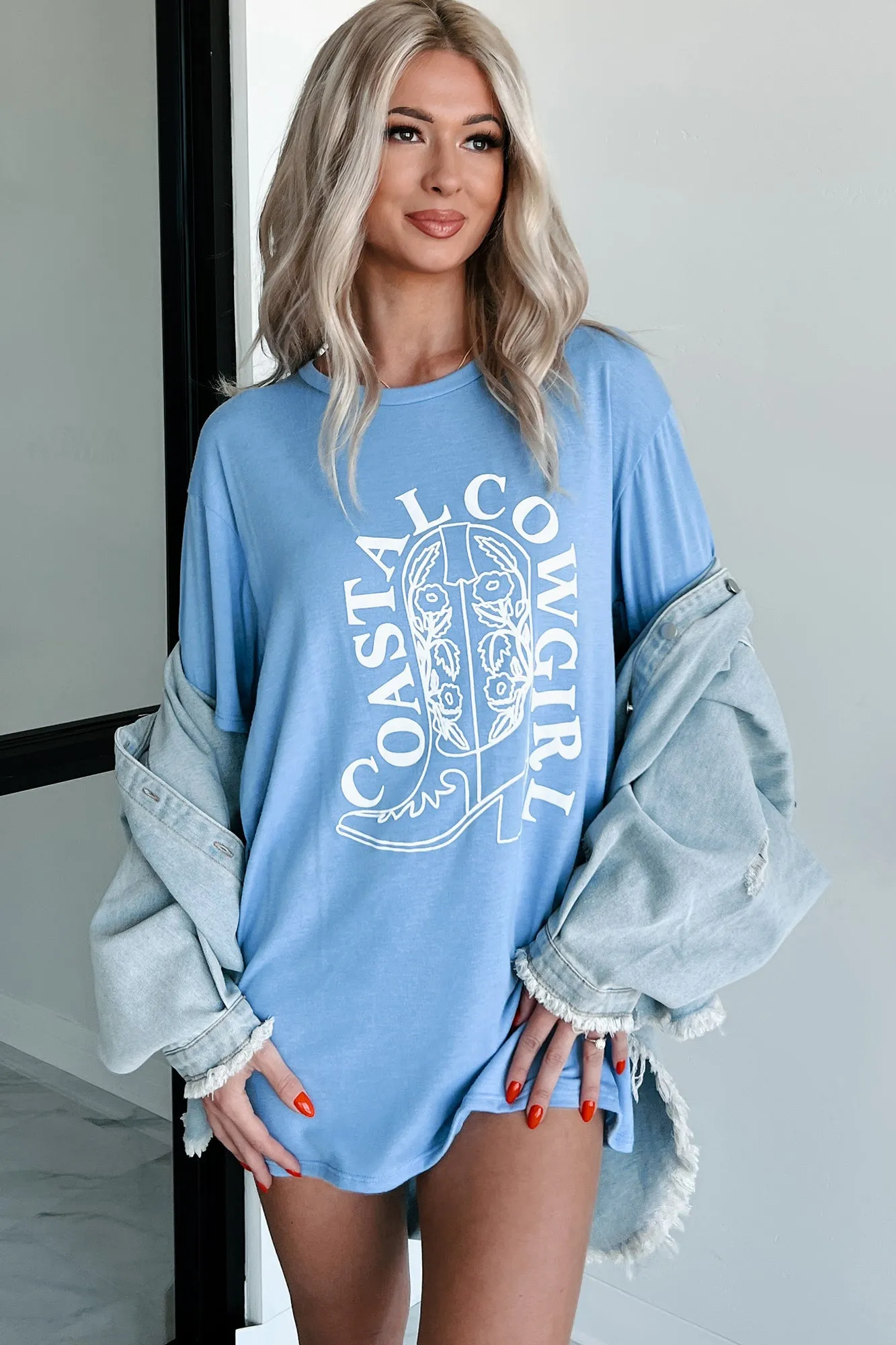 "Coastal Cowgirl" Graphic T-Shirt Dress (Light Blue)