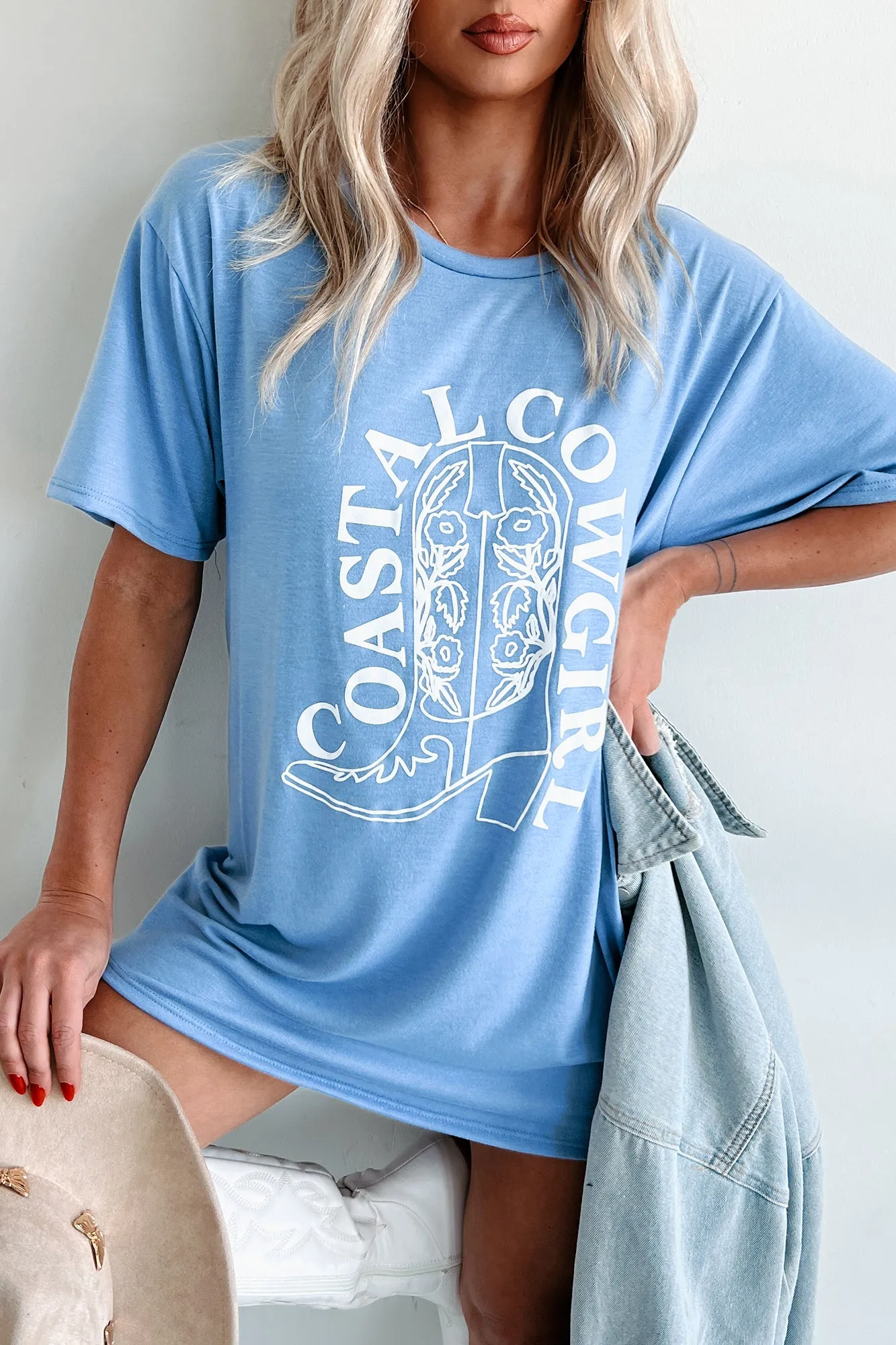 "Coastal Cowgirl" Graphic T-Shirt Dress (Light Blue)