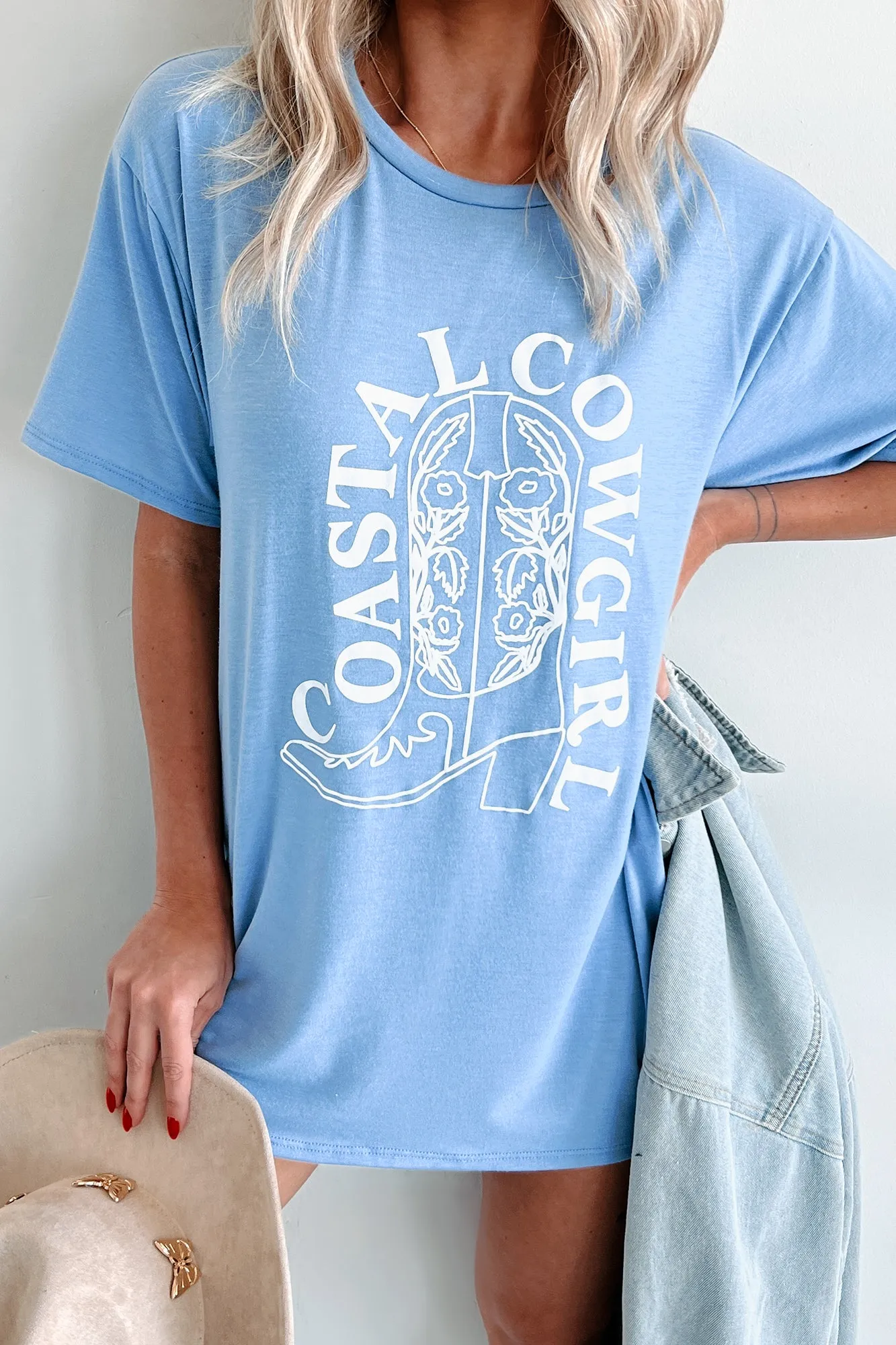 "Coastal Cowgirl" Graphic T-Shirt Dress (Light Blue)