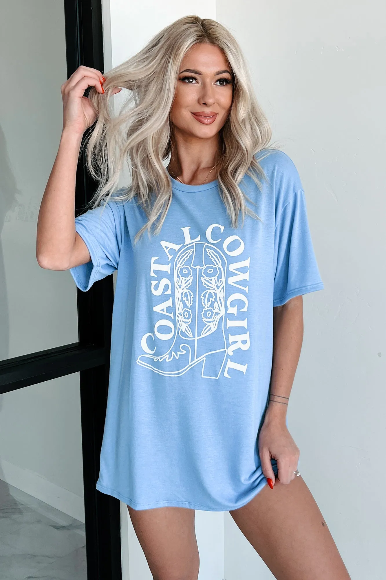 "Coastal Cowgirl" Graphic T-Shirt Dress (Light Blue)