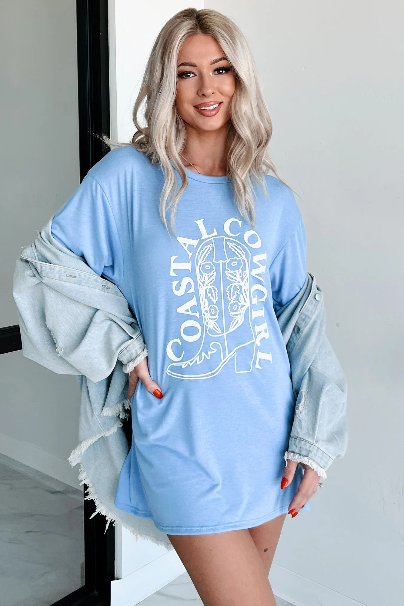 "Coastal Cowgirl" Graphic T-Shirt Dress (Light Blue)