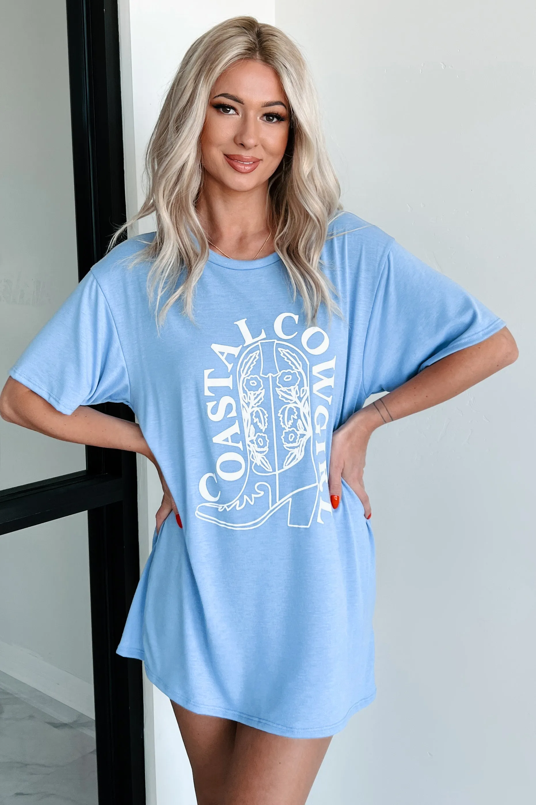 "Coastal Cowgirl" Graphic T-Shirt Dress (Light Blue)