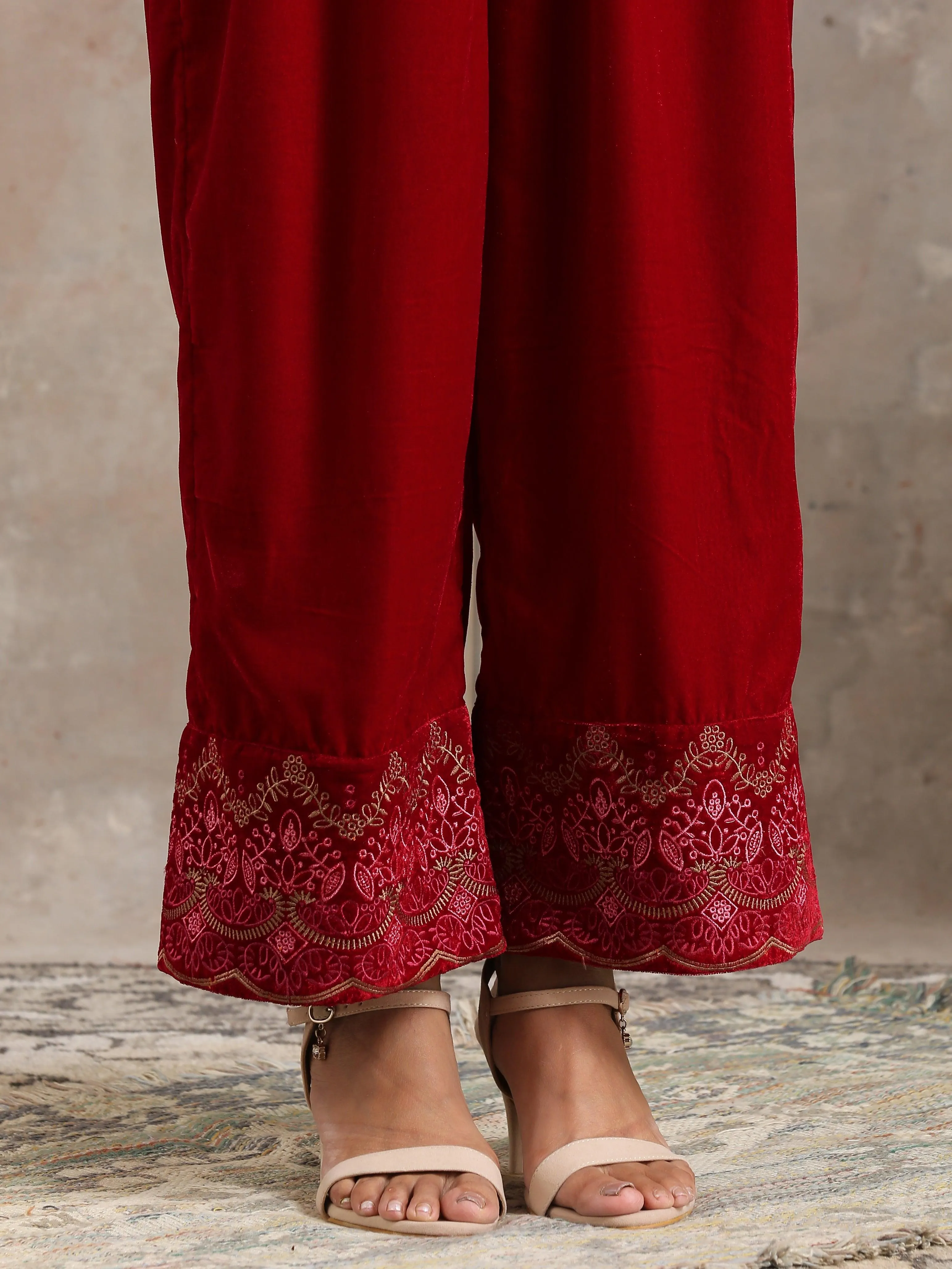 Red Velvet Embroidered Pant