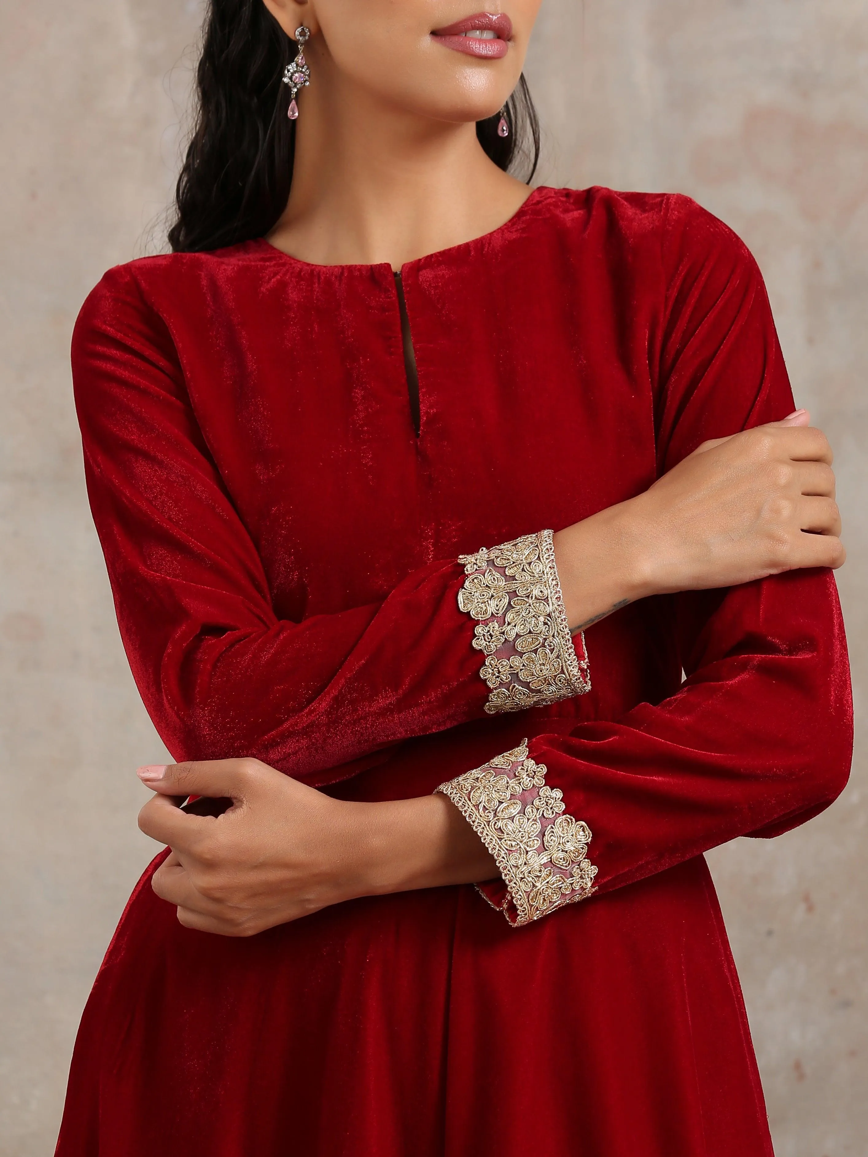 Red Velvet Flared Lace Kurta