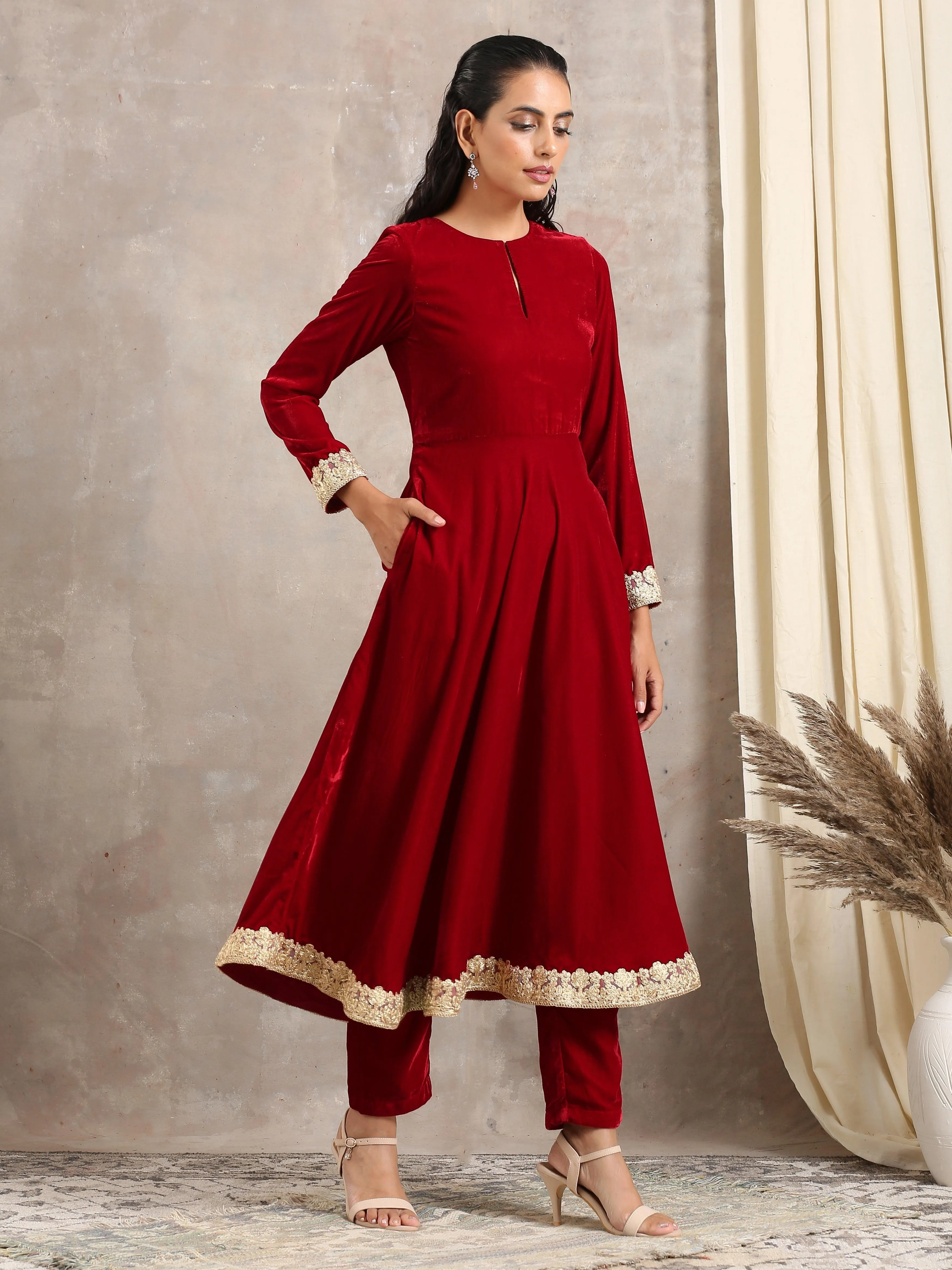 Red Velvet Flared Lace Kurta