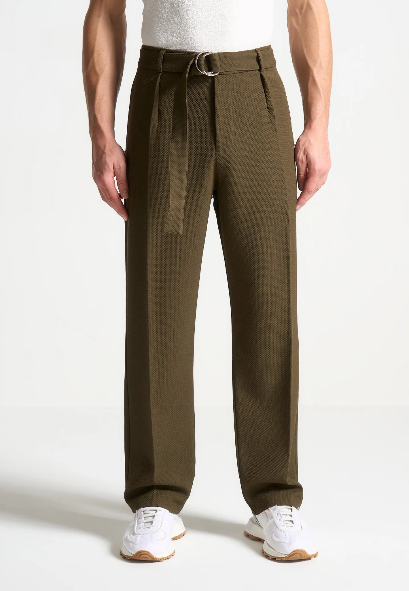 Relaxed Fit Textured Belted Tailored Trousers - Khaki