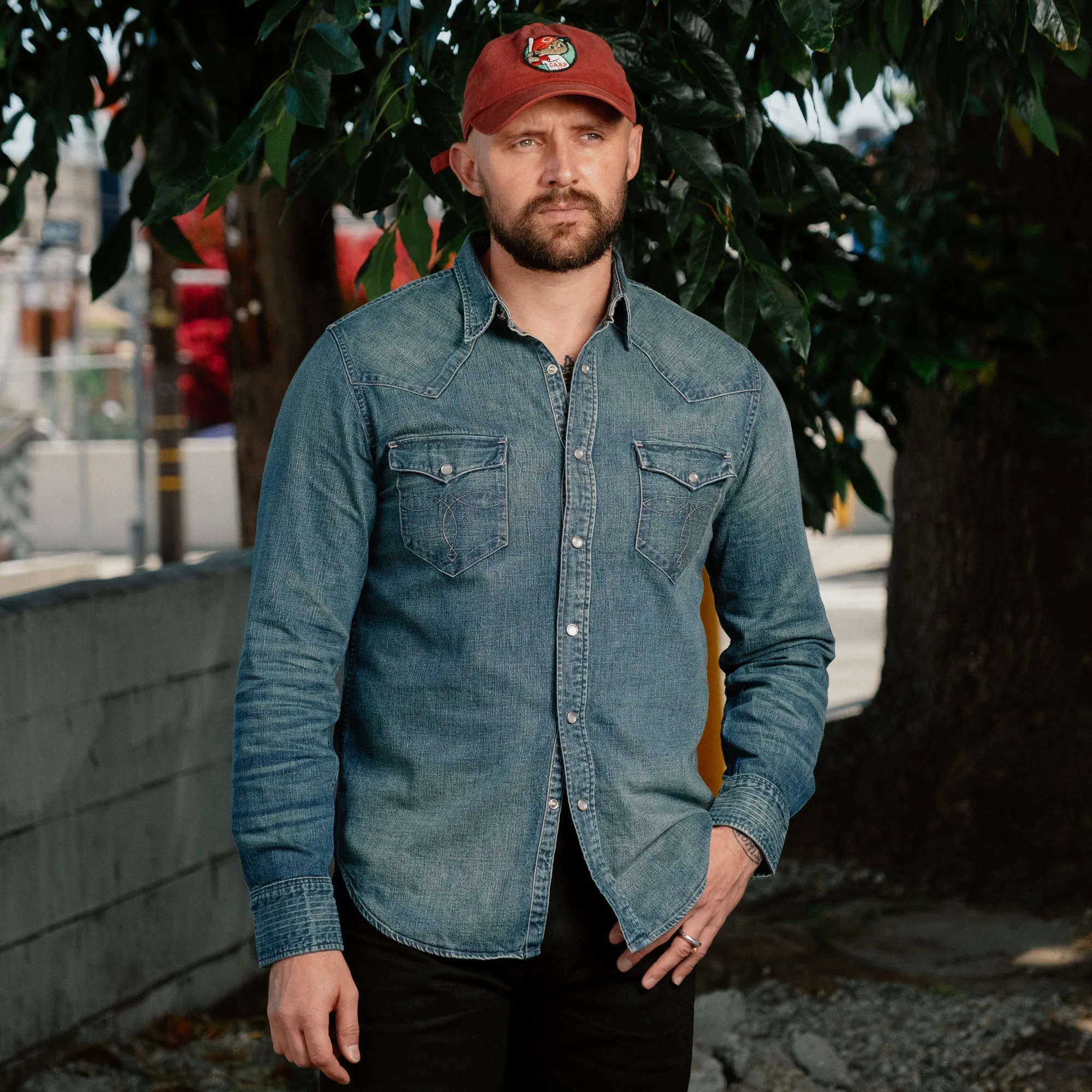 RRL Washed Denim Western Shirt Dark Wash