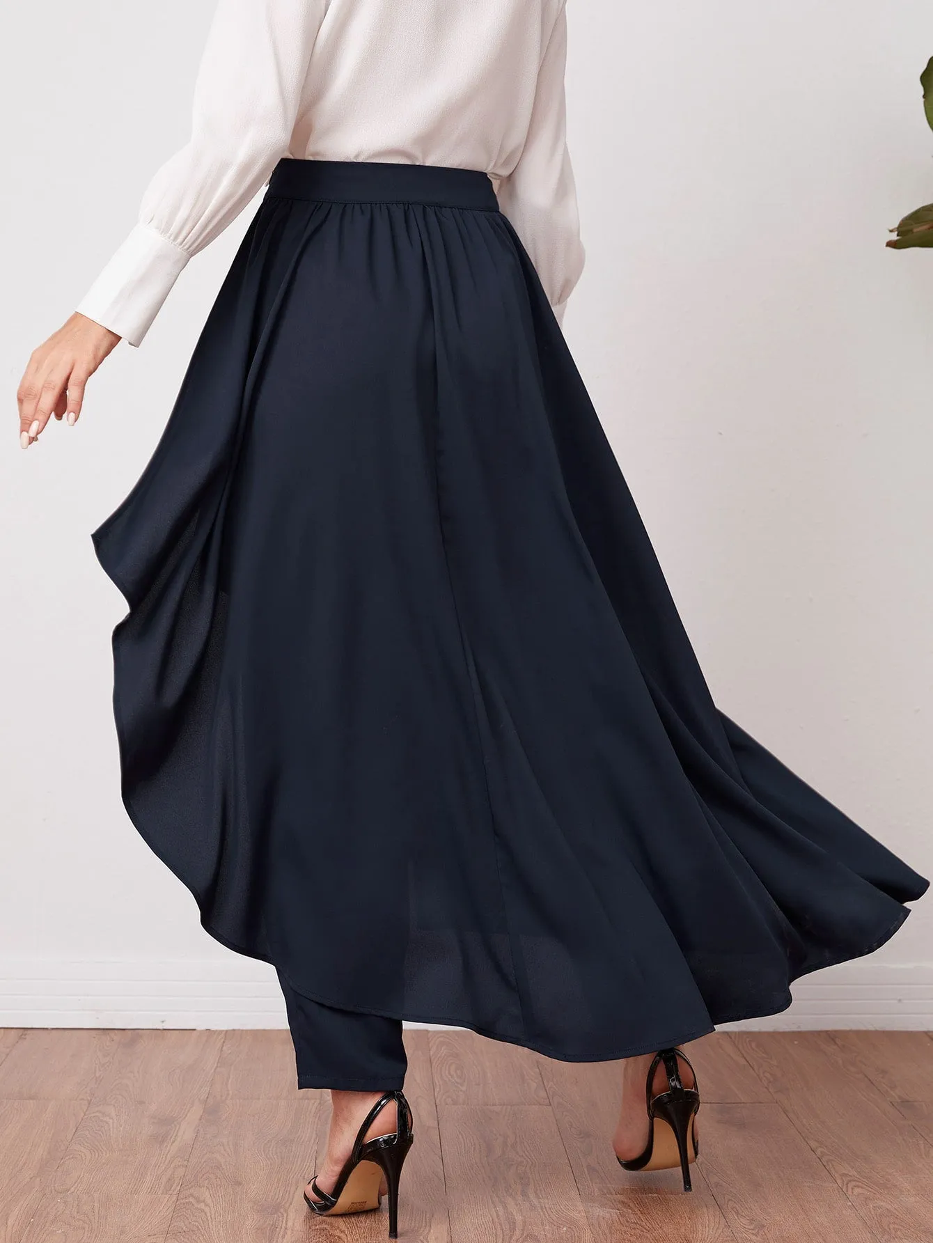 Solid Pants With Asymmetrical Hem Skirt