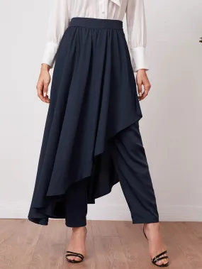 Solid Pants With Asymmetrical Hem Skirt