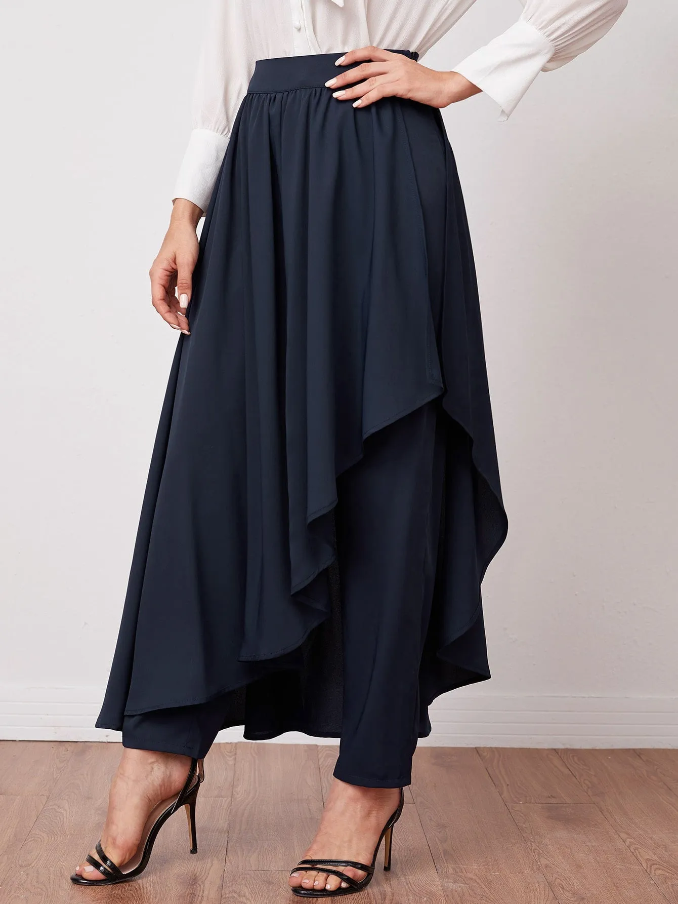 Solid Pants With Asymmetrical Hem Skirt