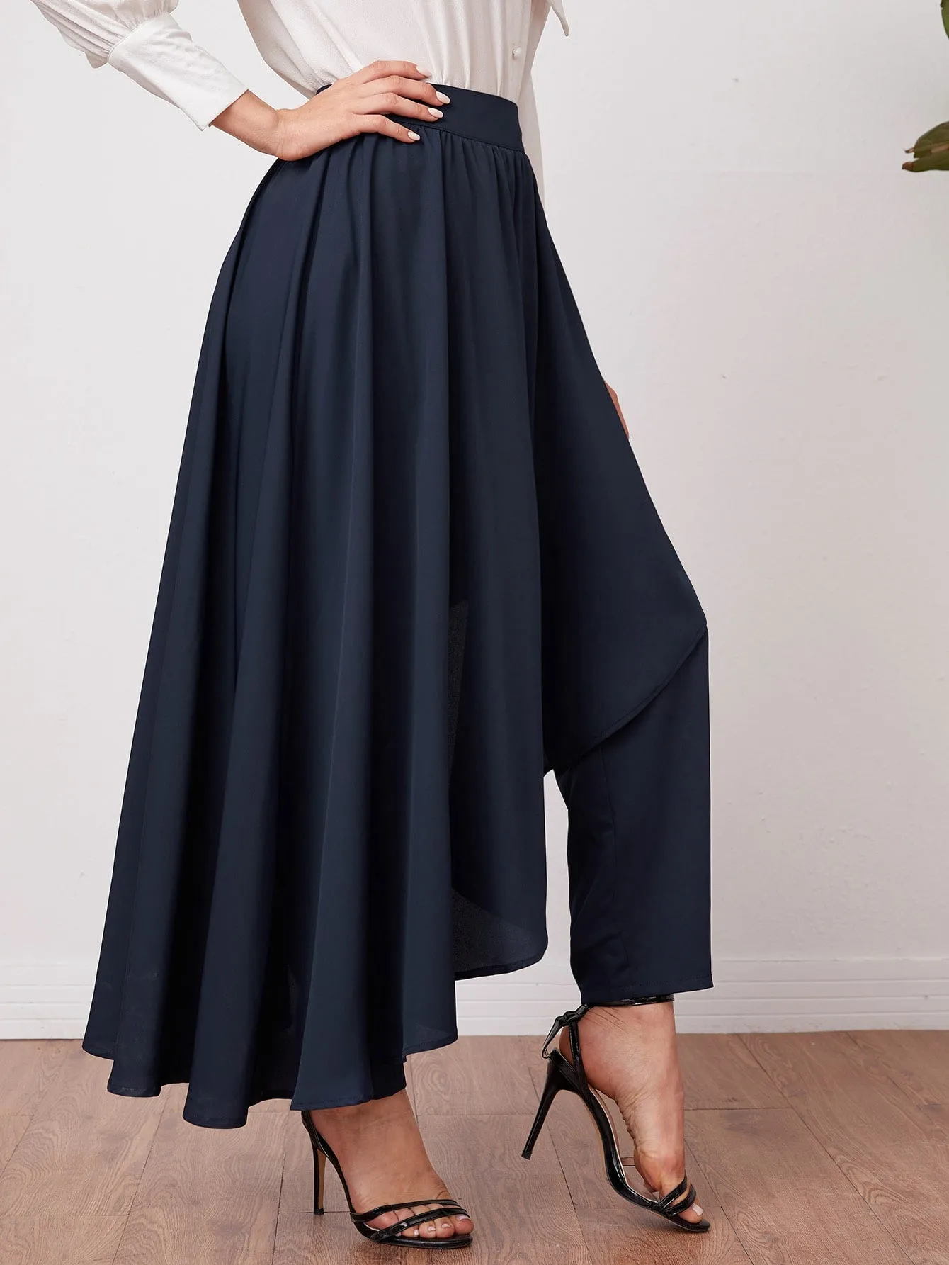 Solid Pants With Asymmetrical Hem Skirt