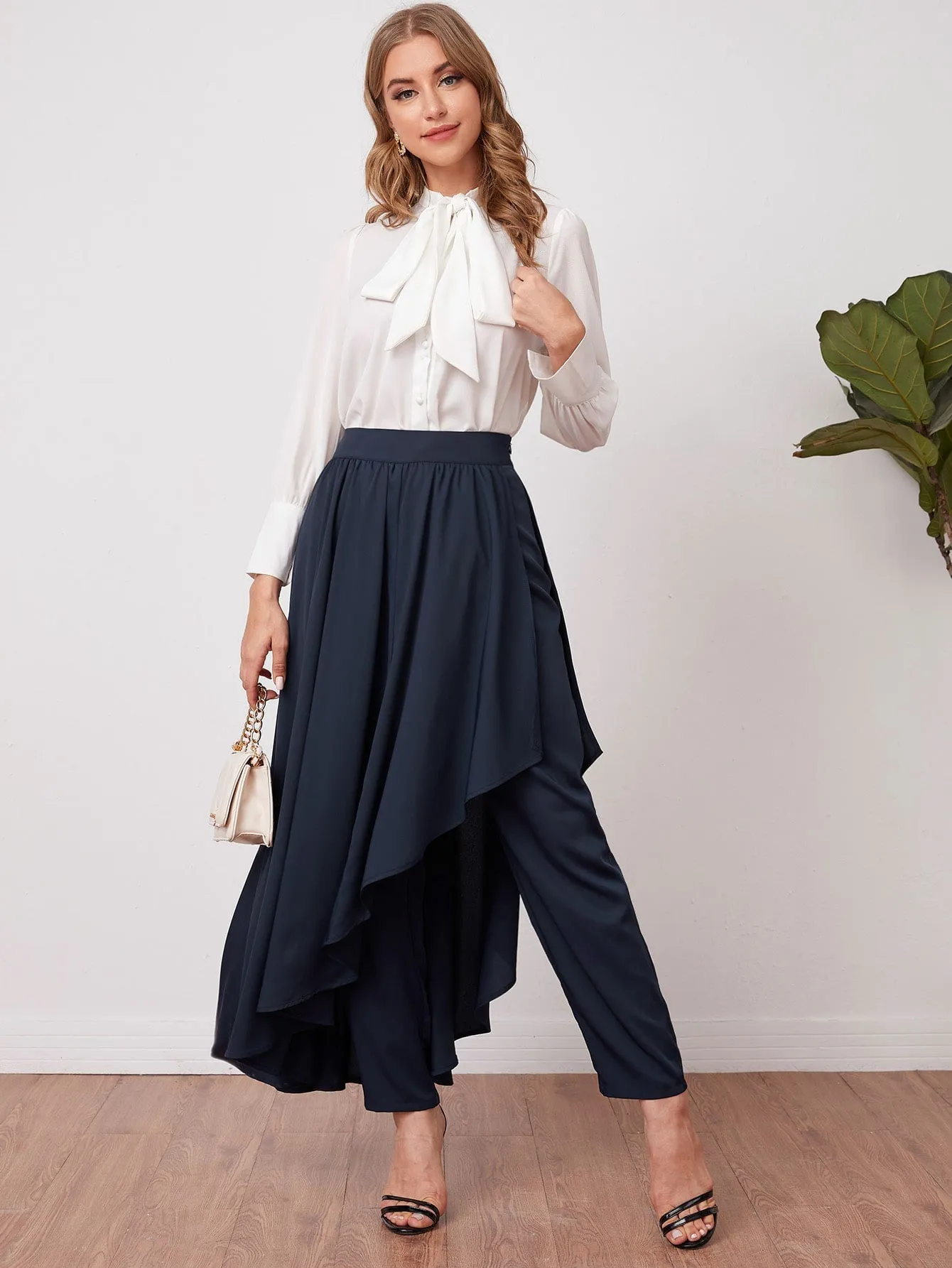 Solid Pants With Asymmetrical Hem Skirt