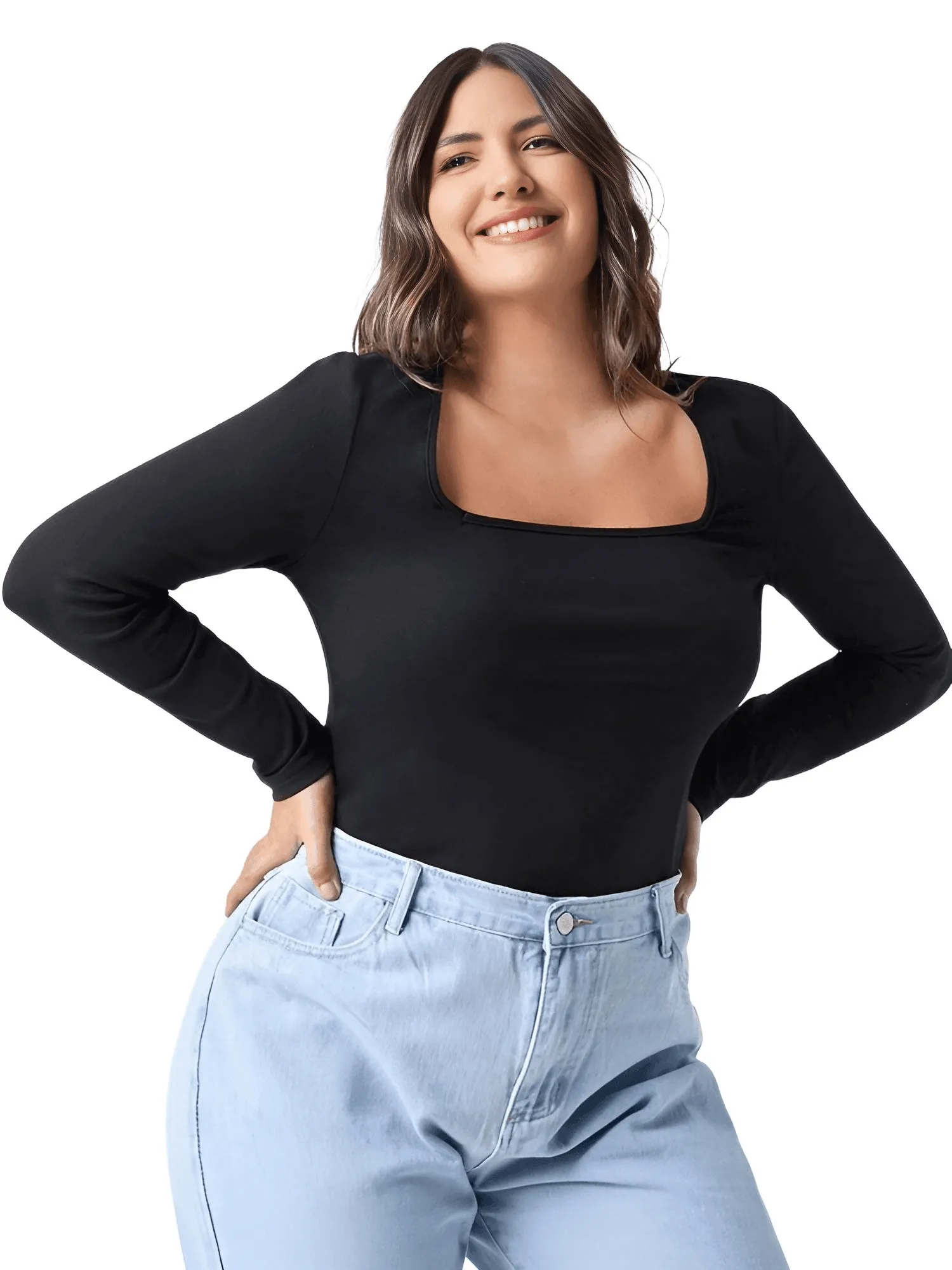 Square Neck Plus Size Black Top Women's