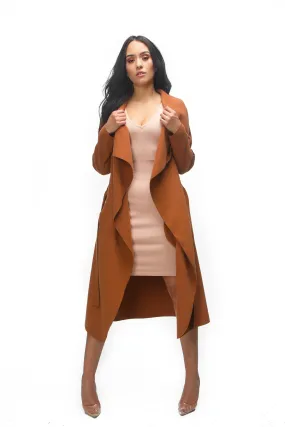 THE MYSTYLEMODE RUST CASCADING FRONT LONG TRENCH COAT