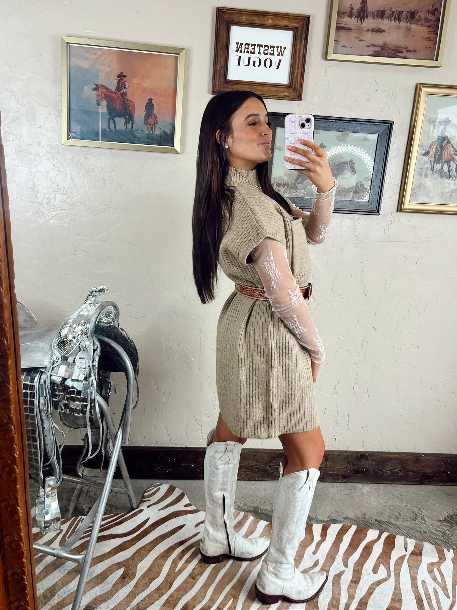 The Swisher Sweater Dress in Tan