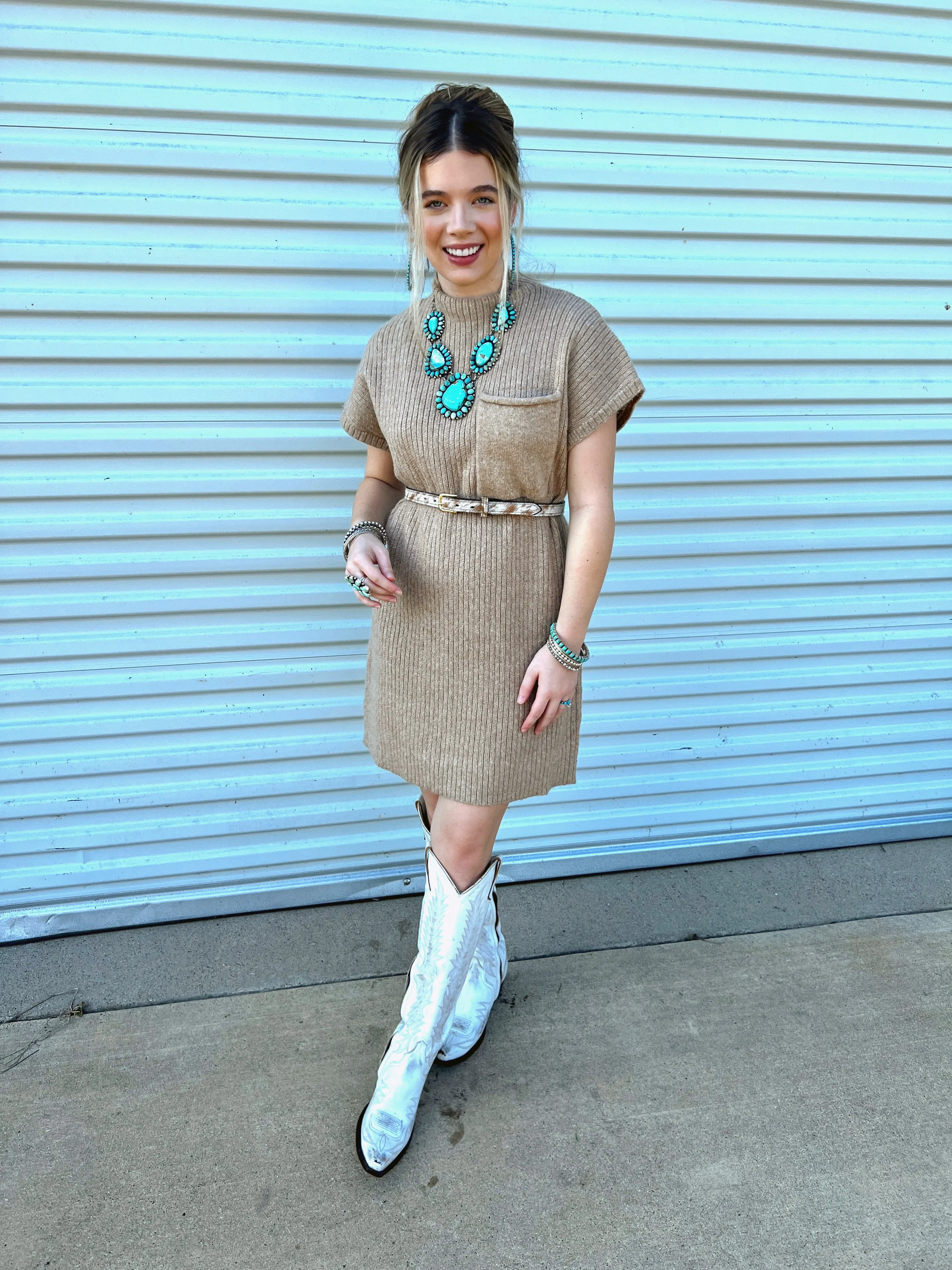 The Swisher Sweater Dress in Tan