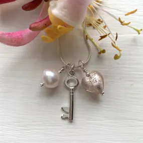 Three charm necklace in silver with champagne (peach, pink) heart and *charm options*