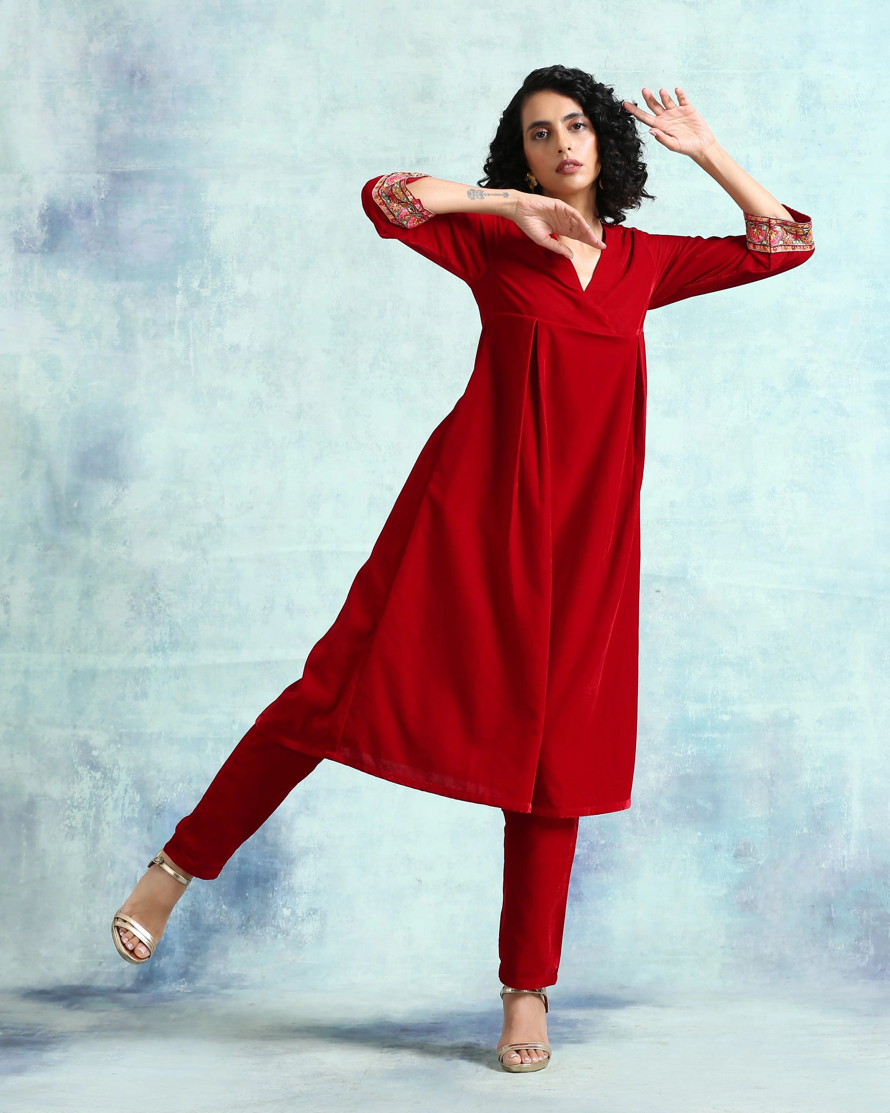 True Red Velvet Yoke Kurta