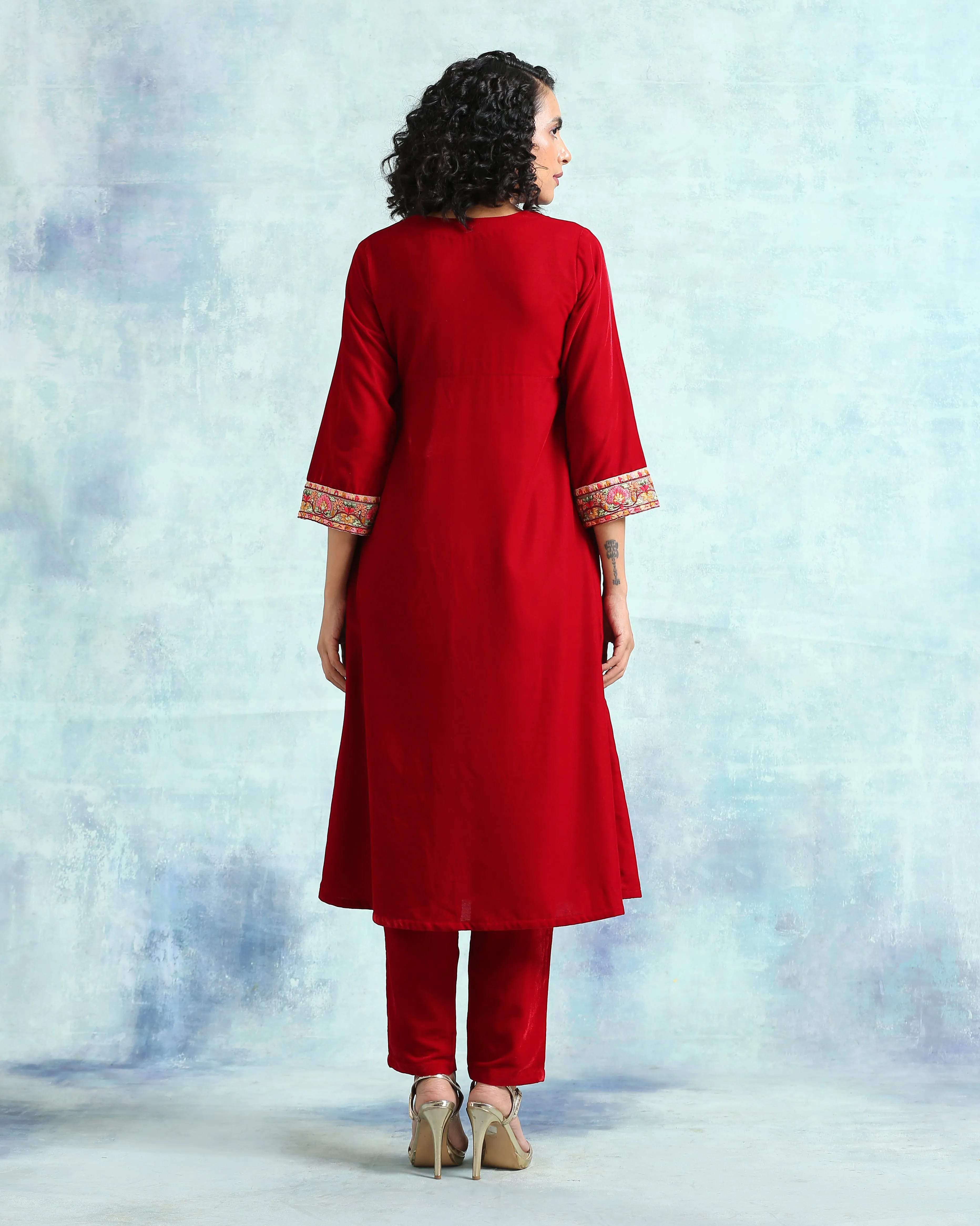 True Red Velvet Yoke Kurta