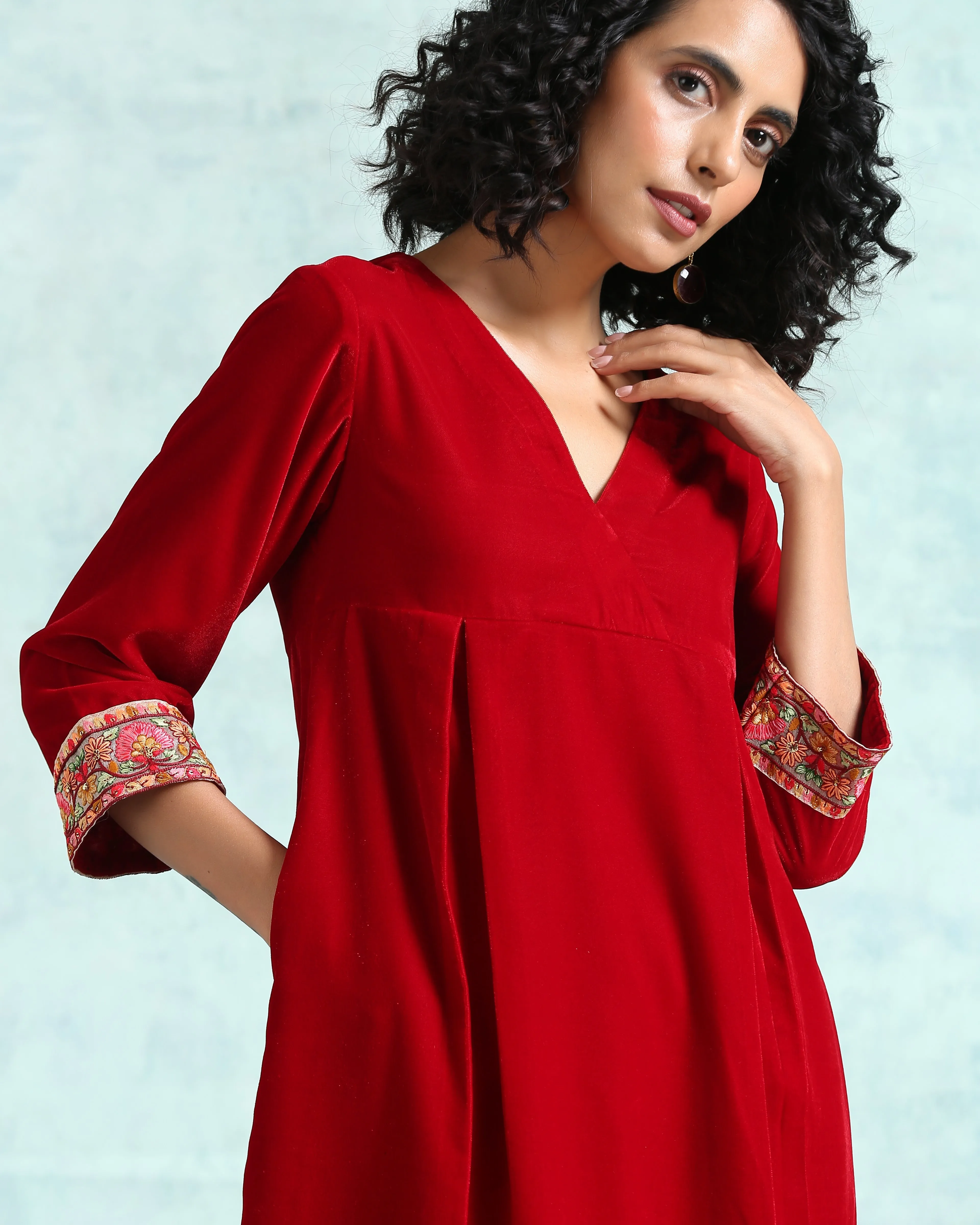 True Red Velvet Yoke Kurta