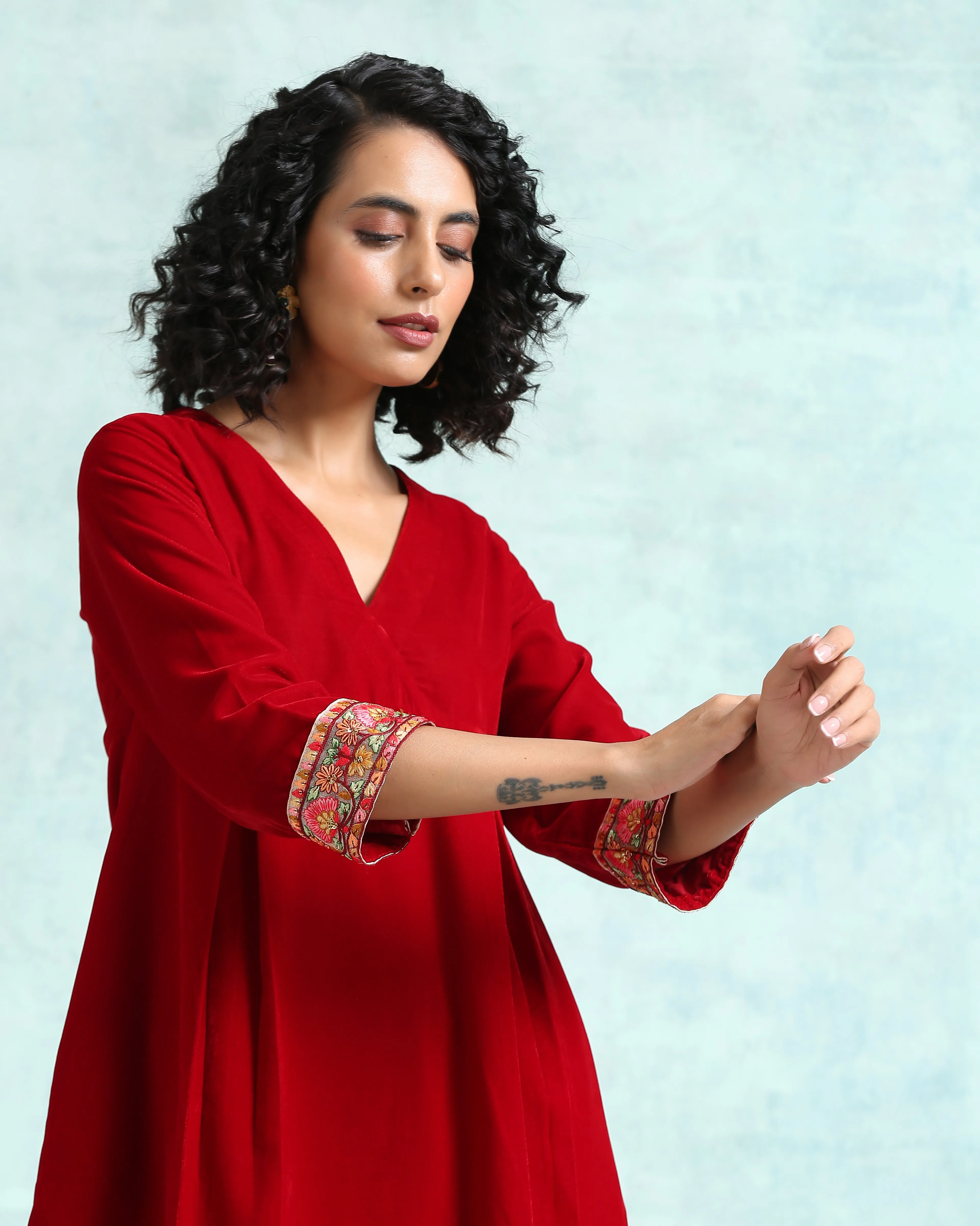 True Red Velvet Yoke Kurta