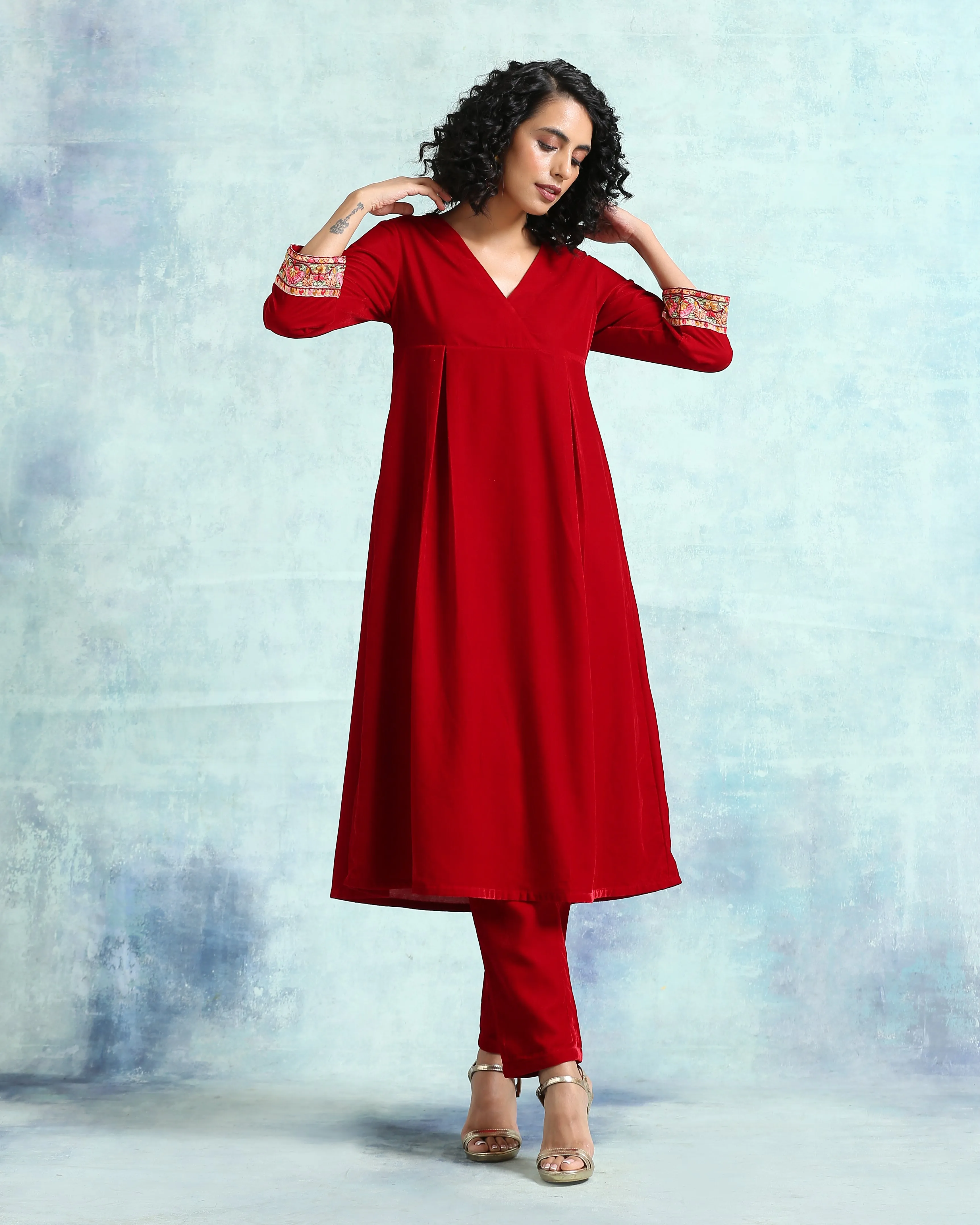 True Red Velvet Yoke Kurta