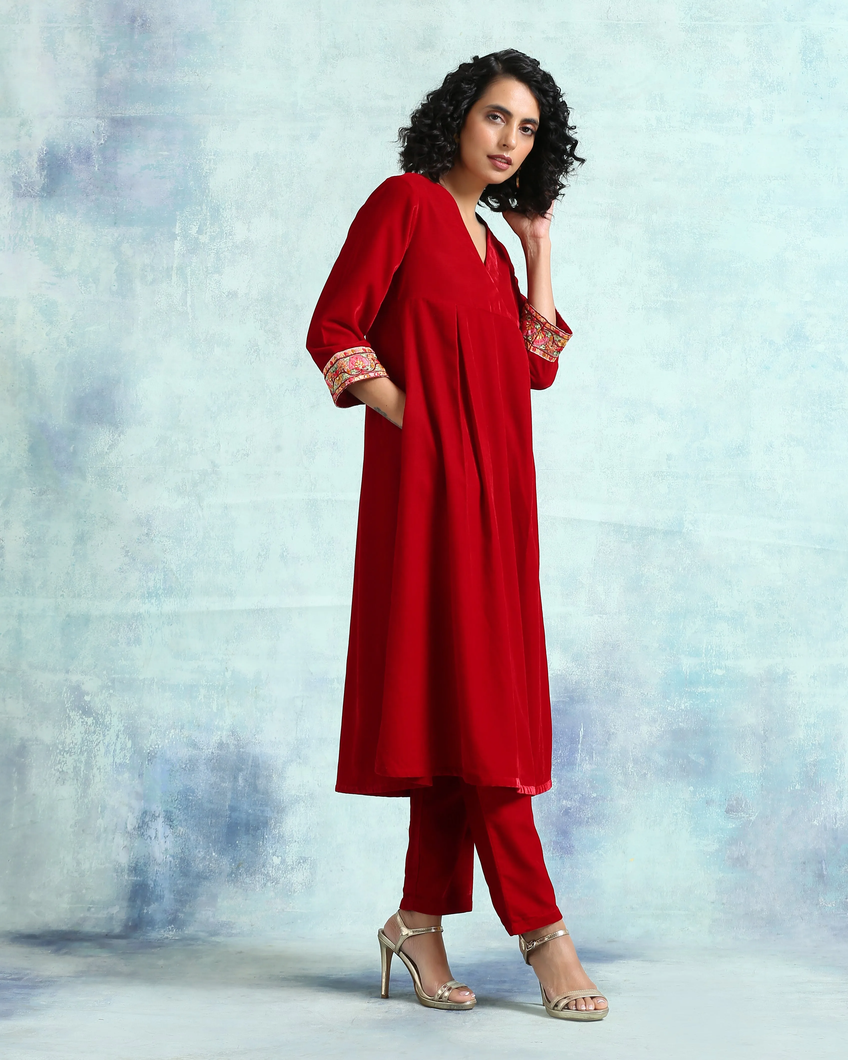 True Red Velvet Yoke Kurta