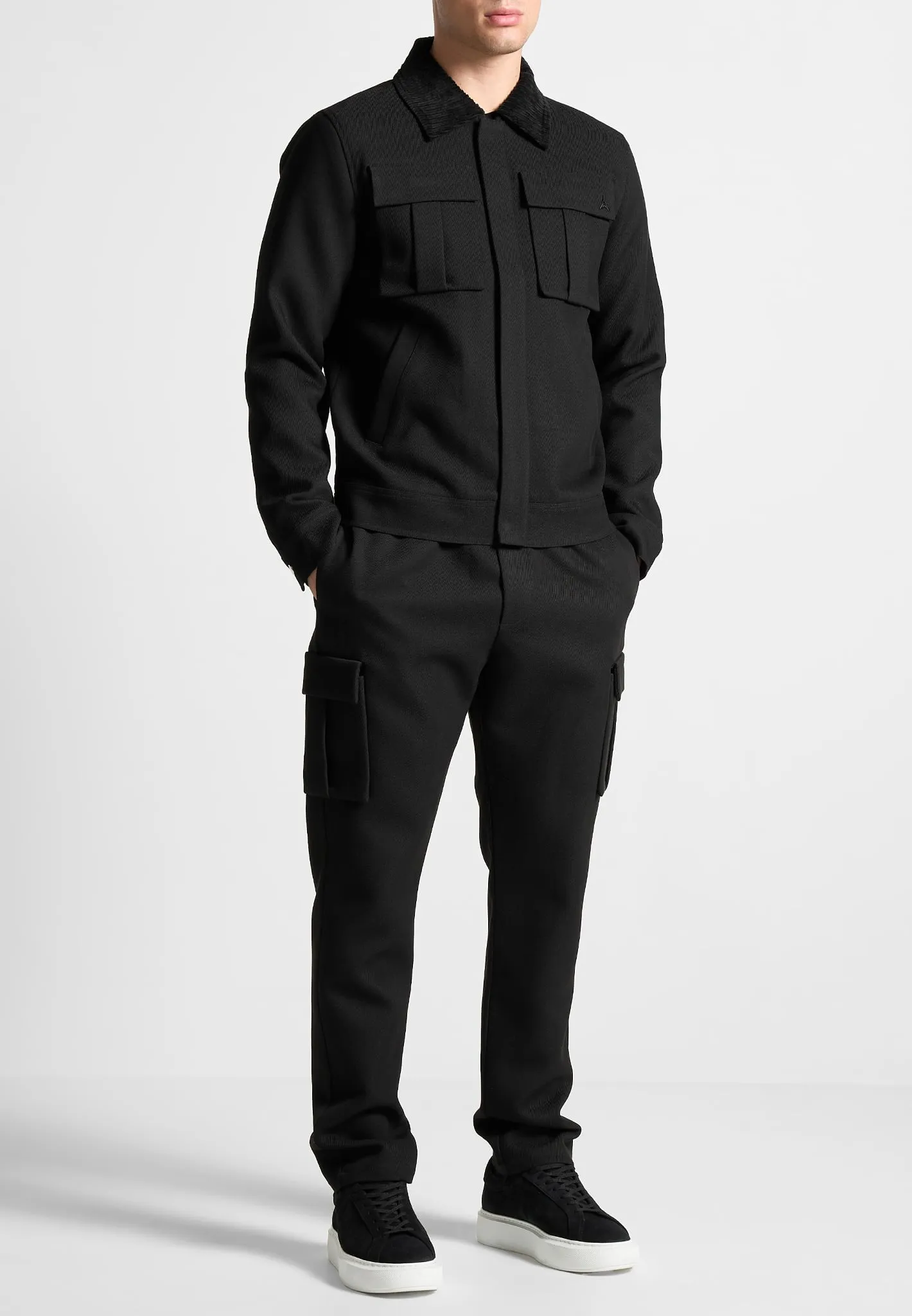 Twill Trucker Jacket with Velvet Collar - Black