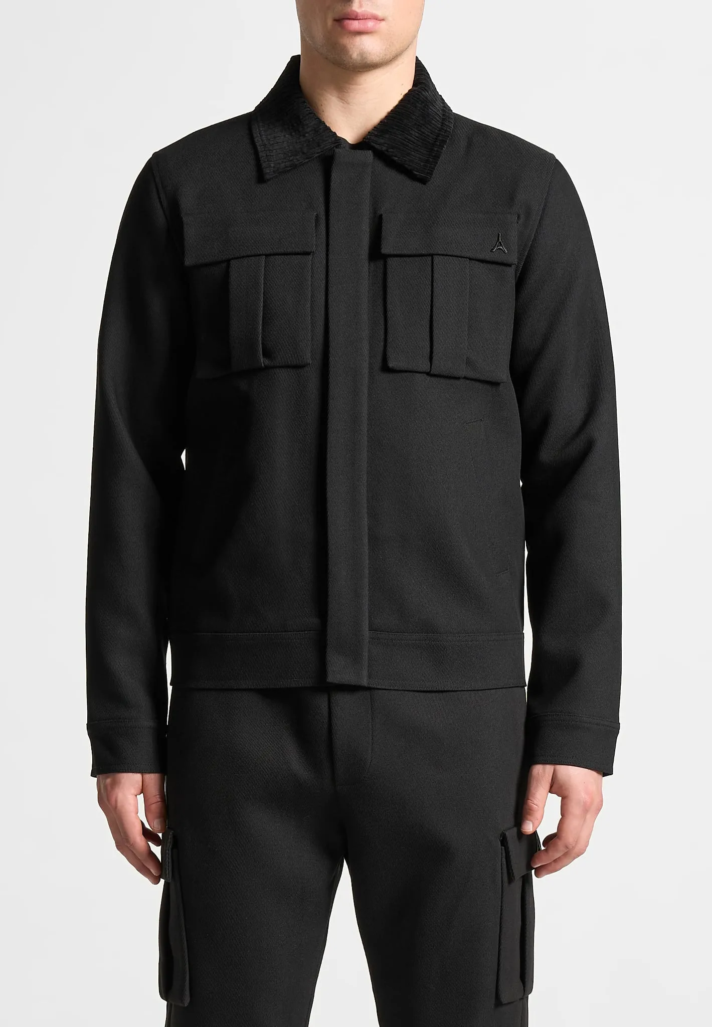 Twill Trucker Jacket with Velvet Collar - Black