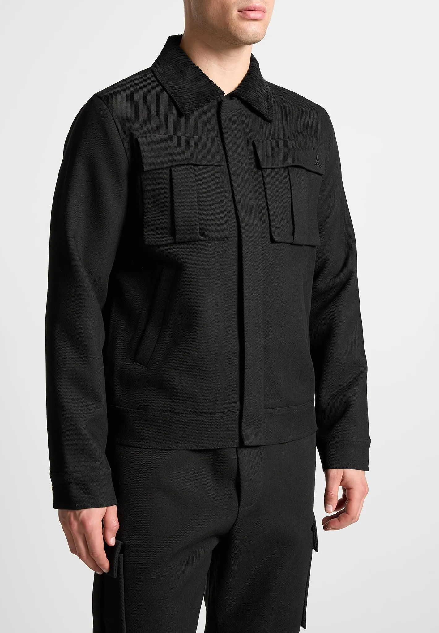 Twill Trucker Jacket with Velvet Collar - Black