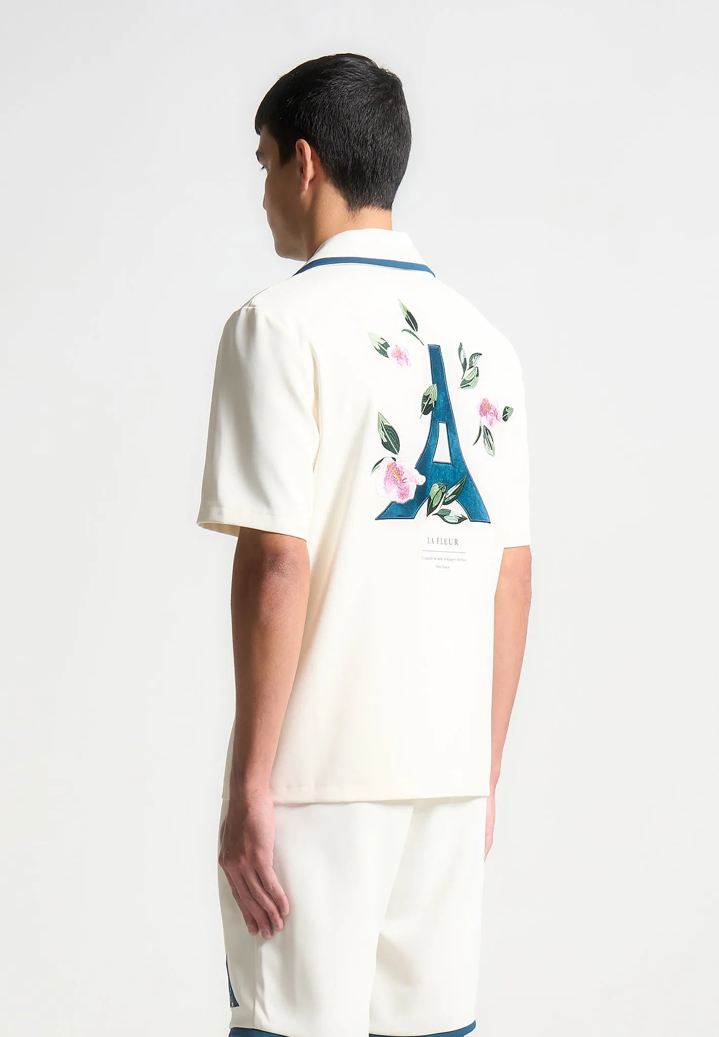 Velvet Eiffel Bowling Shirt - Cream/Blue