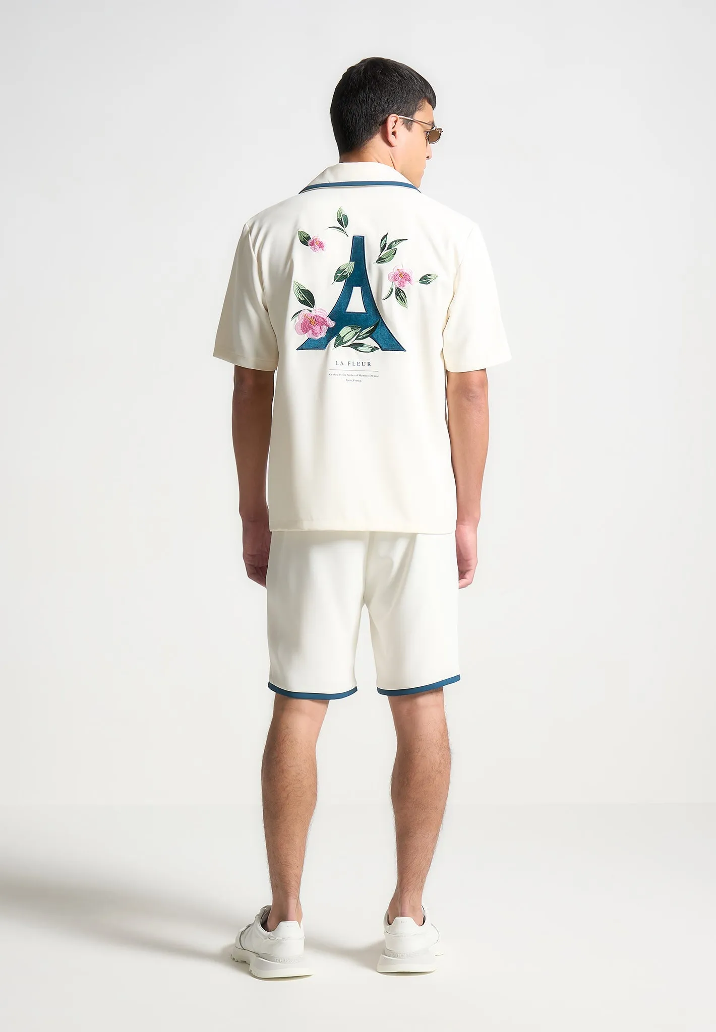 Velvet Eiffel Bowling Shirt - Cream/Blue