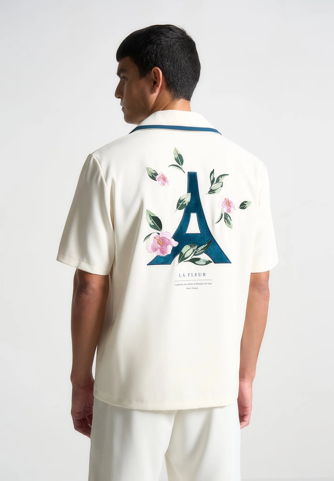 Velvet Eiffel Bowling Shirt - Cream/Blue