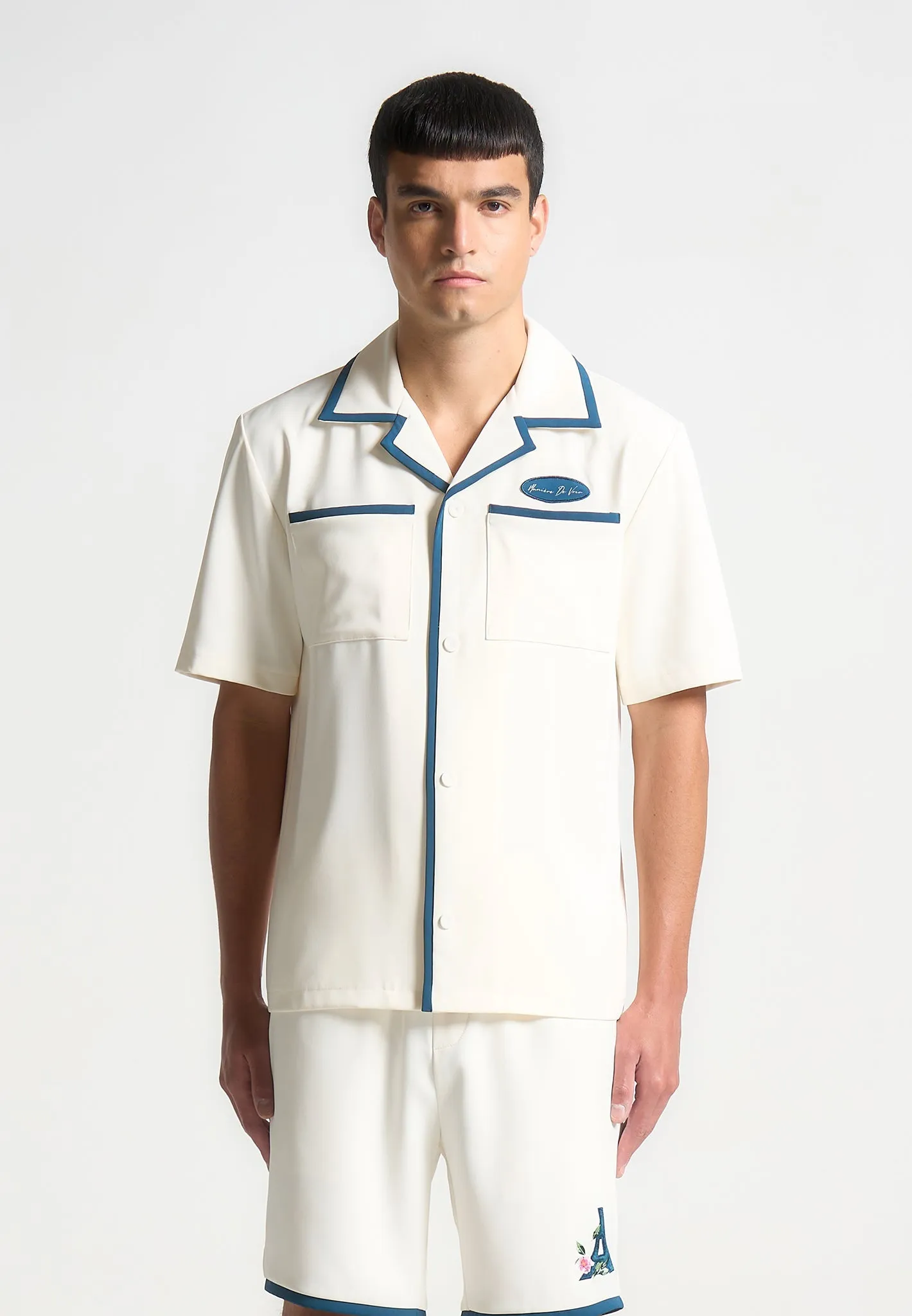 Velvet Eiffel Bowling Shirt - Cream/Blue