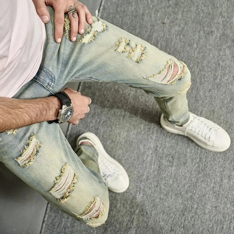 Vintage Men's Ripped Skinny Pencil Jeans Pants Hip Hop Stylish Denim Trousers