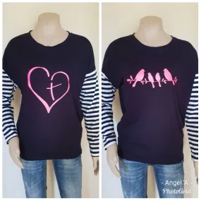 Vinyl Print Long Sleeve Stripe Tee - Navy & Pink