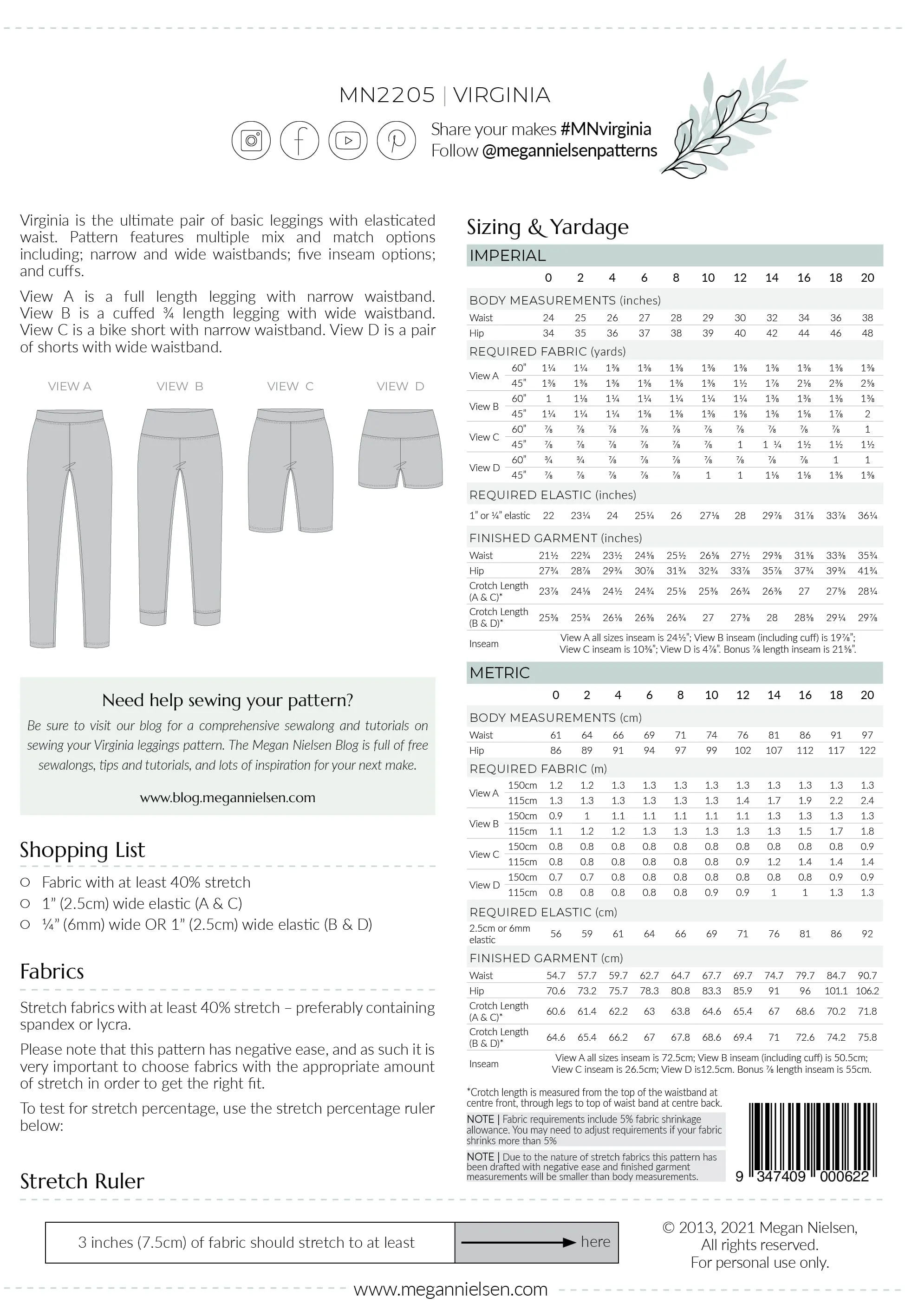 Virginia Leggings - Sizes 0-20 - Megan Nielsen