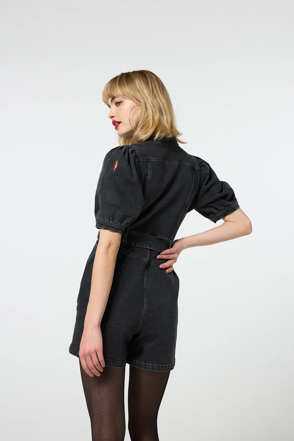 Washed Black Zip Detail Denim Playsuit