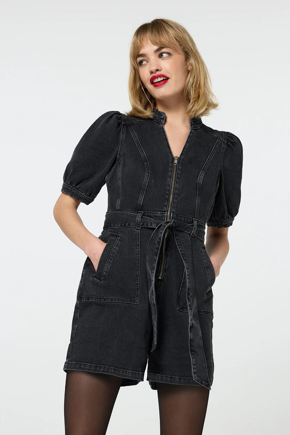 Washed Black Zip Detail Denim Playsuit