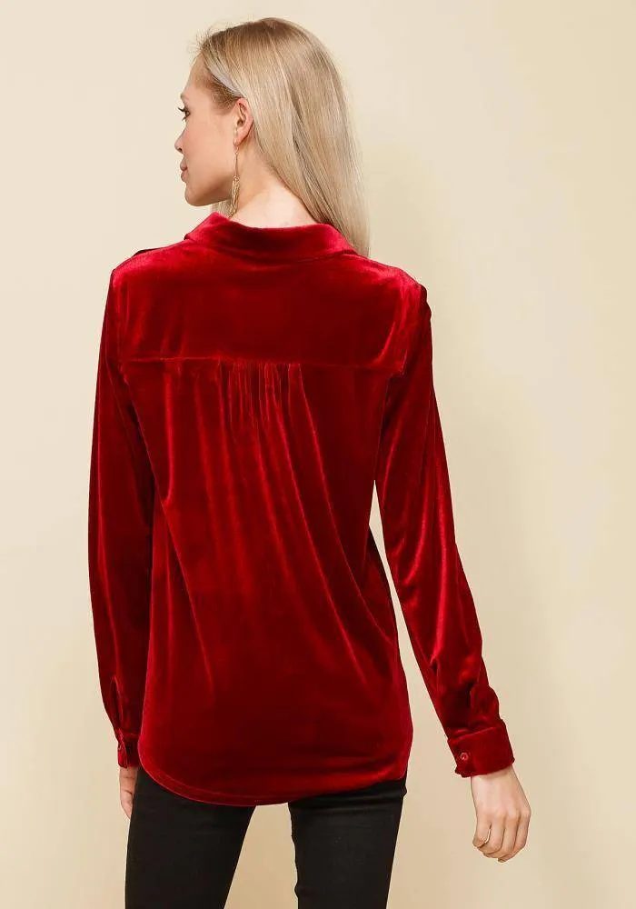 Women's Button Down Velvet Shirt Blouse With Tie Hem in Red